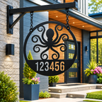 A round matte black steel property sign depicting an octopus silhouette with the customized address "123456" cut out below it. The sign is suspended from a black wall bracket fixed to a light brick exterior facade next to an illuminated outdoor light and a modern front door.