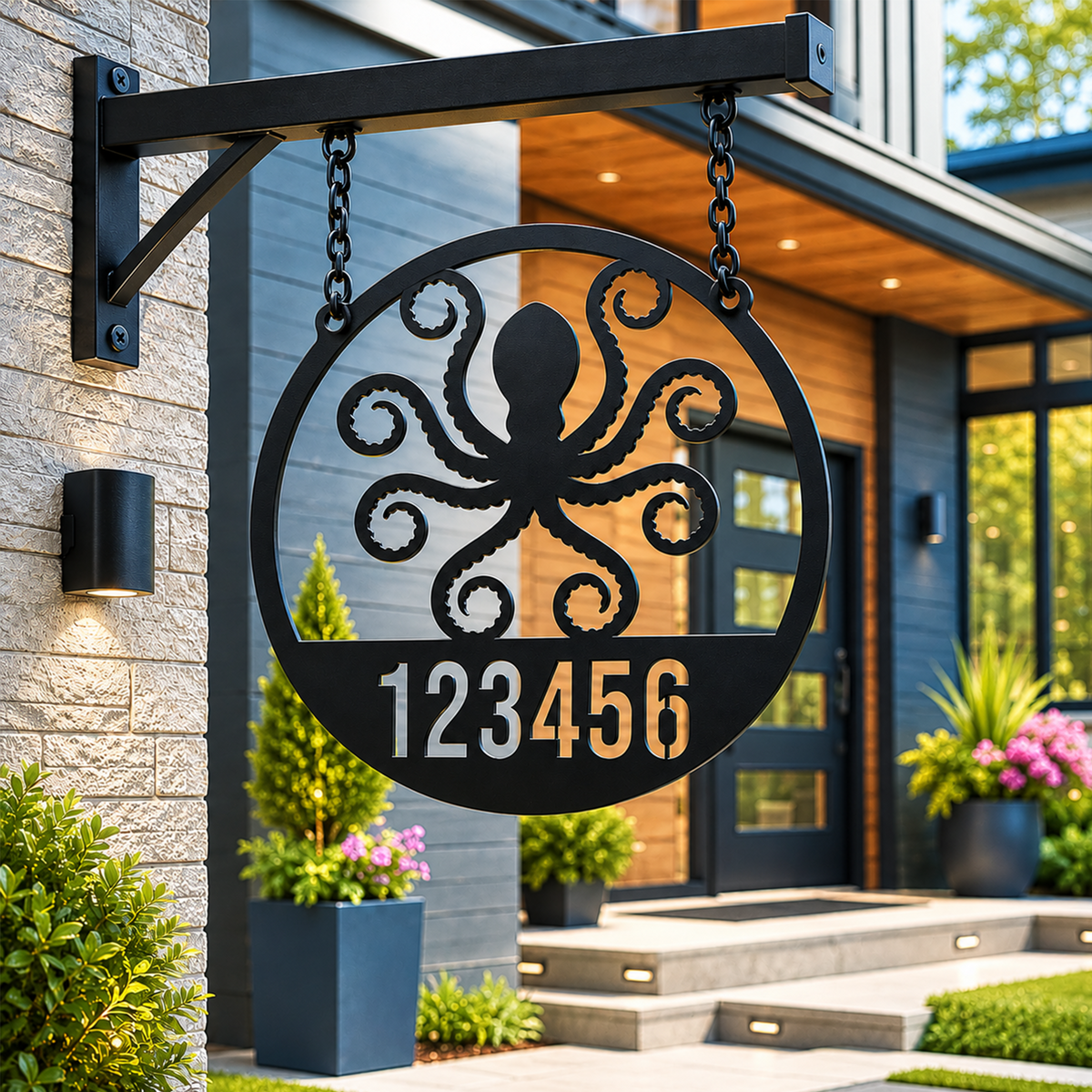 A round matte black steel property sign depicting an octopus silhouette with the customized address "123456" cut out below it. The sign is suspended from a black wall bracket fixed to a light brick exterior facade next to an illuminated outdoor light and a modern front door.
