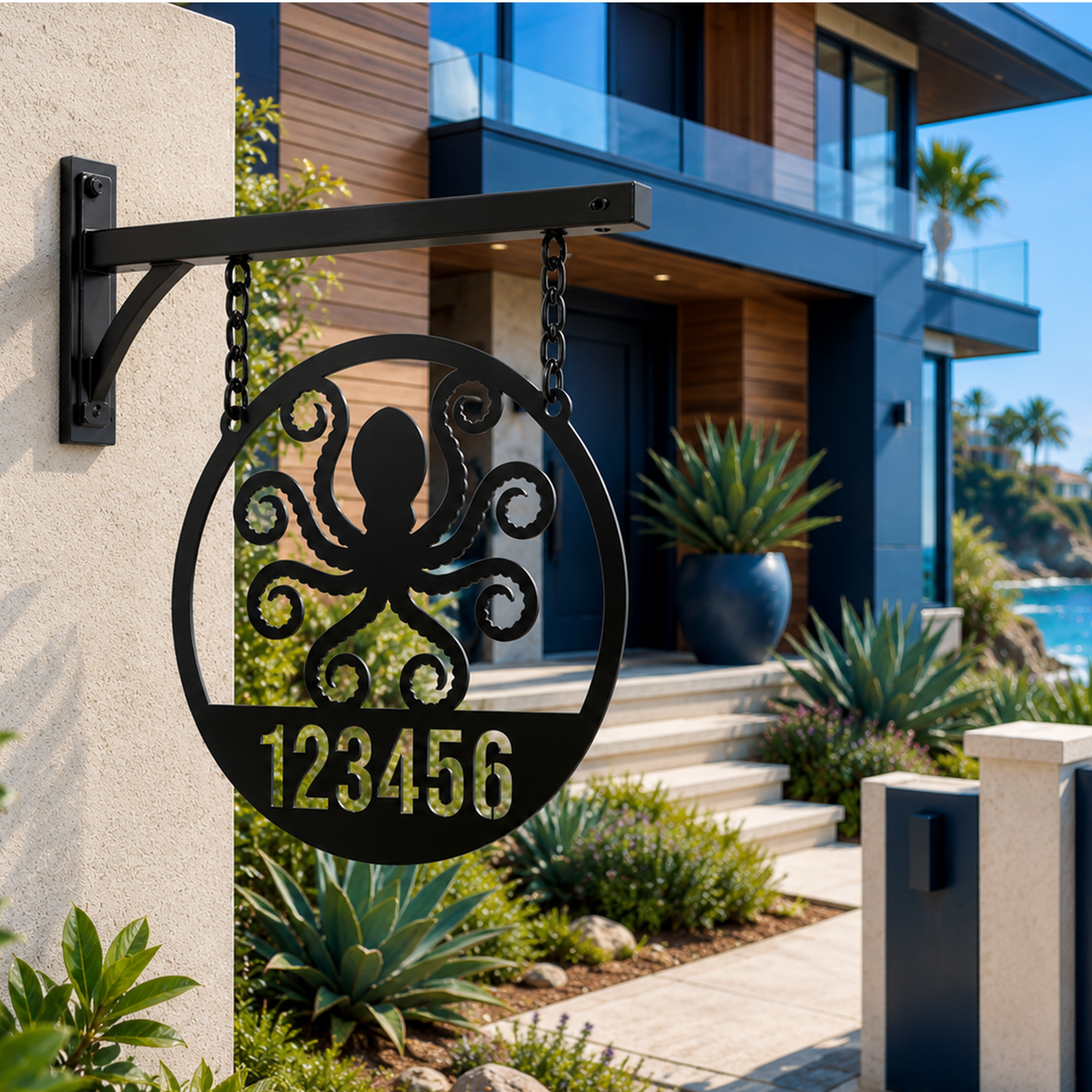 A round black metal address plaque with an octopus cutout design and the numbers "123456" at the bottom. It is suspended from a black post arm bracket fixed to a beige concrete wall at the entrance of a luxury modern beachfront villa with a view of the ocean.