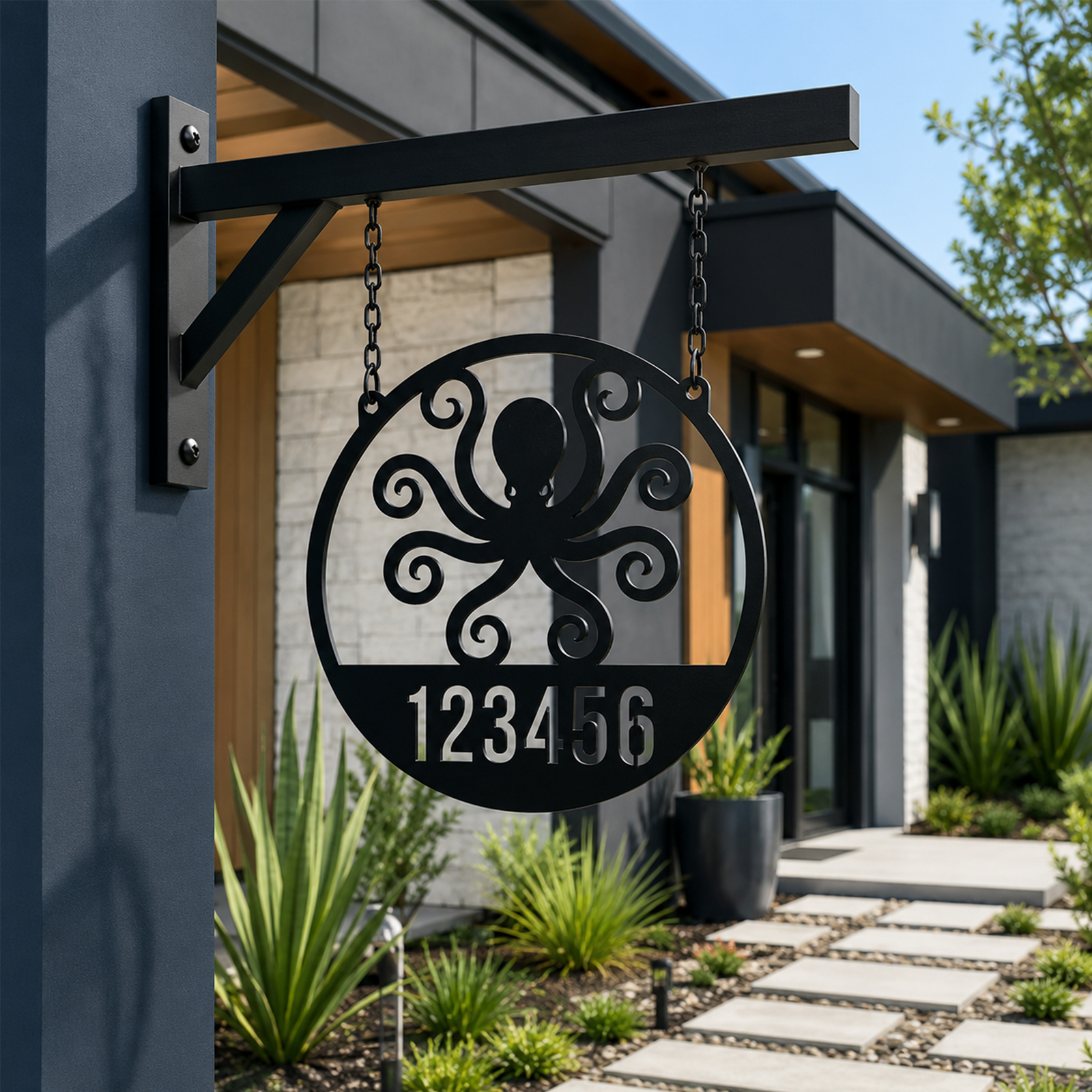 A custom black laser-cut metal house number sign displaying an octopus with curly tentacles and the address digits "123456". The sign hangs from a sleek black post mounted on a dark grey exterior pillar, with agave plants and a modern minimalist house entrance behind it.