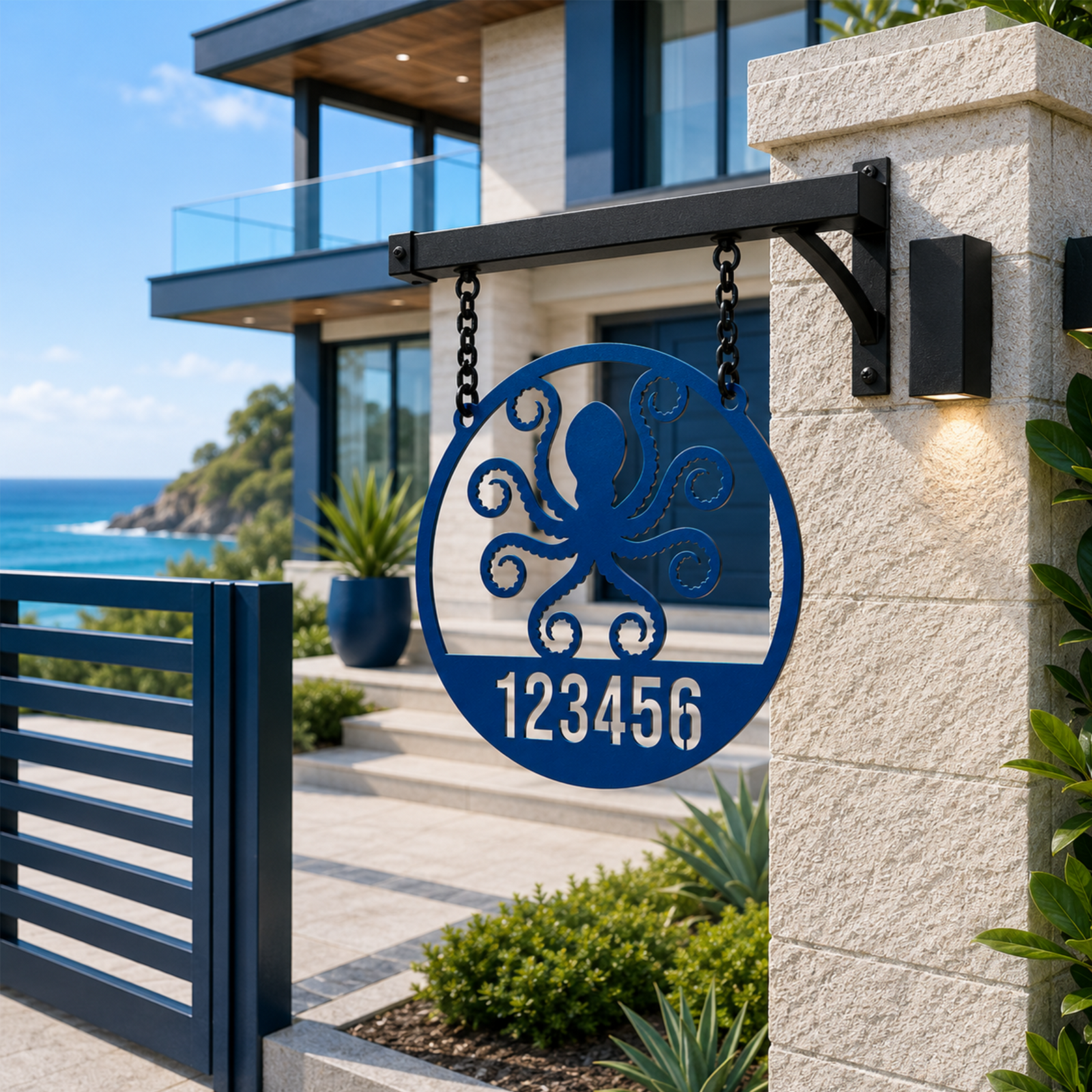 A round metal address sign finished in a deep ocean blue color, featuring a laser-cut octopus and the house numbers "123456". The plaque hangs from a black wall-mounted arm bracket attached to a light cream stone-brick pillar overlooking a coastal overlook and blue sea.