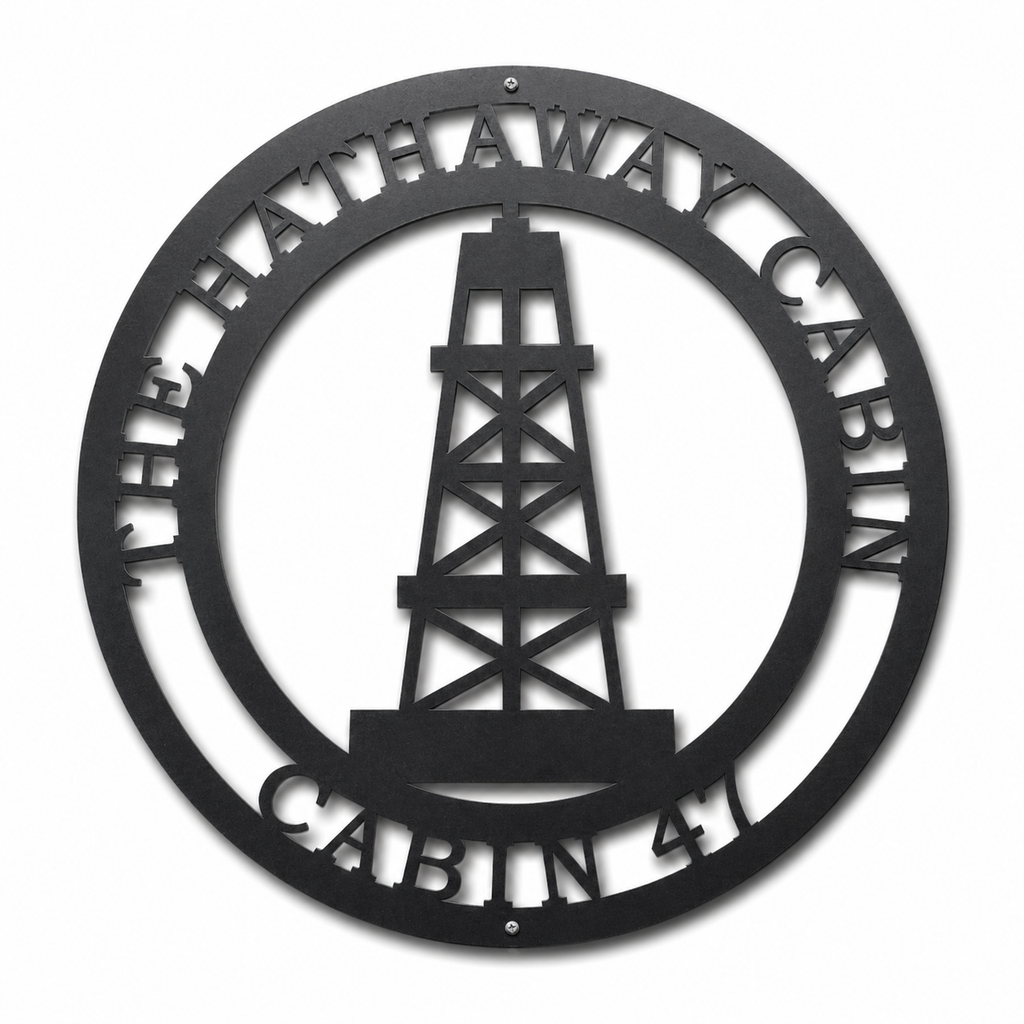 Black oil rig metal wall art with custom name The Hathaway Cabin Est 41, personalized oilfield decor sign for home, shop, or outdoor display