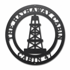 Black oil rig metal wall art with custom name The Hathaway Cabin Est 41, personalized oilfield decor sign for home, shop, or outdoor display