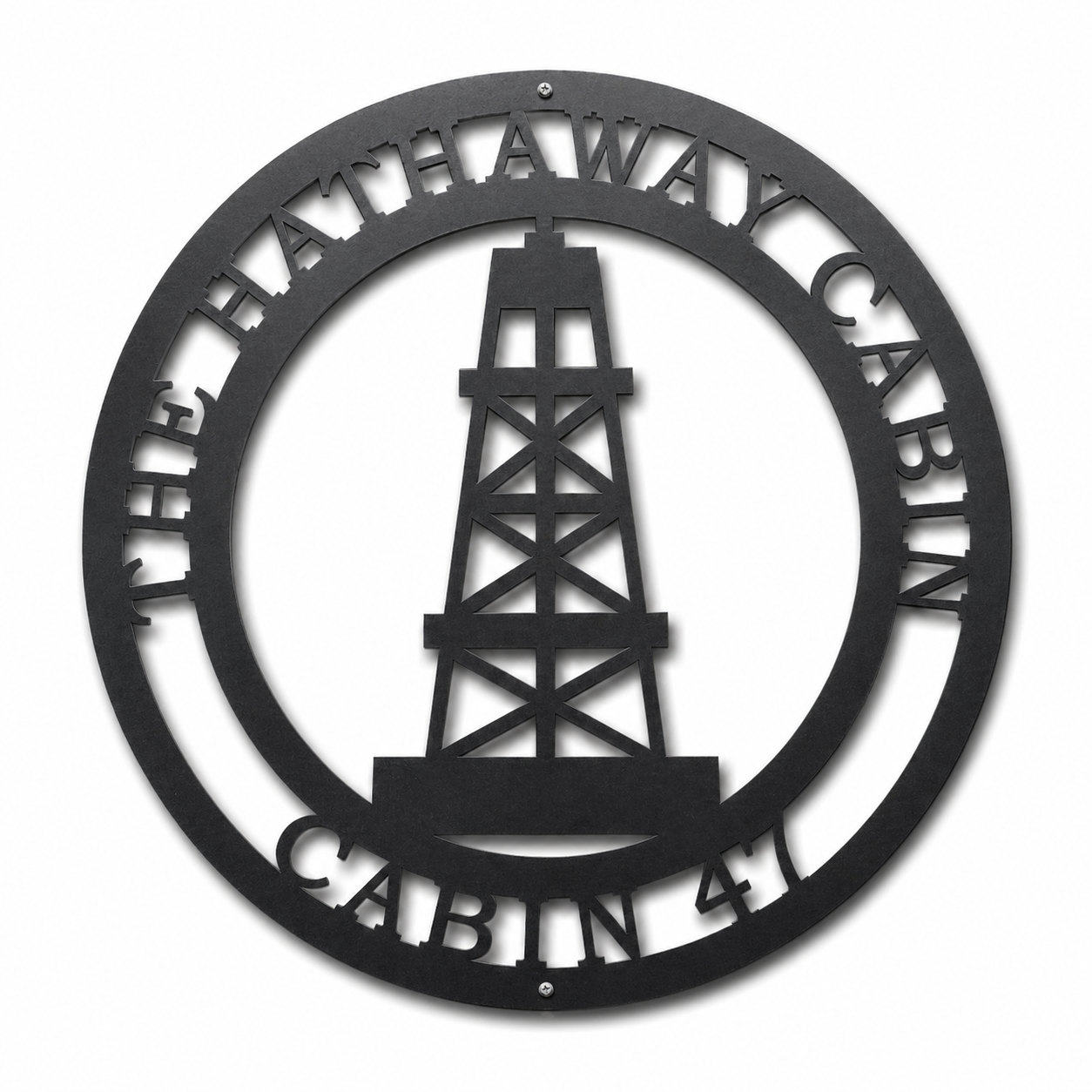 Black oil rig metal wall art with custom name The Hathaway Cabin Est 41, personalized oilfield decor sign for home, shop, or outdoor display