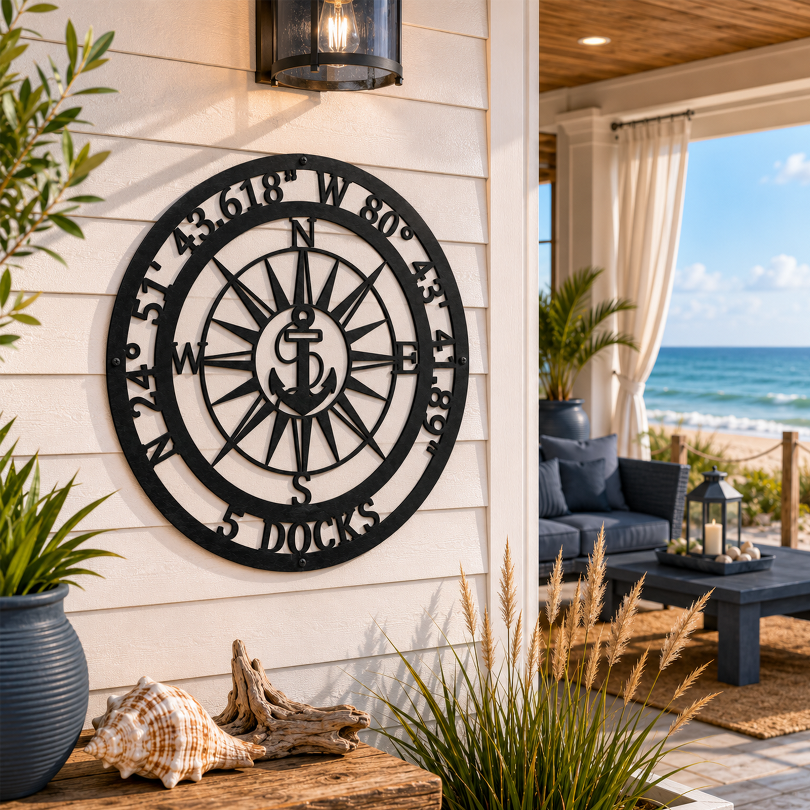 Black personalized nautical coordinates metal sign mounted under an outdoor light fixture on a white patio wall overlooking a beautiful beach and ocean view.