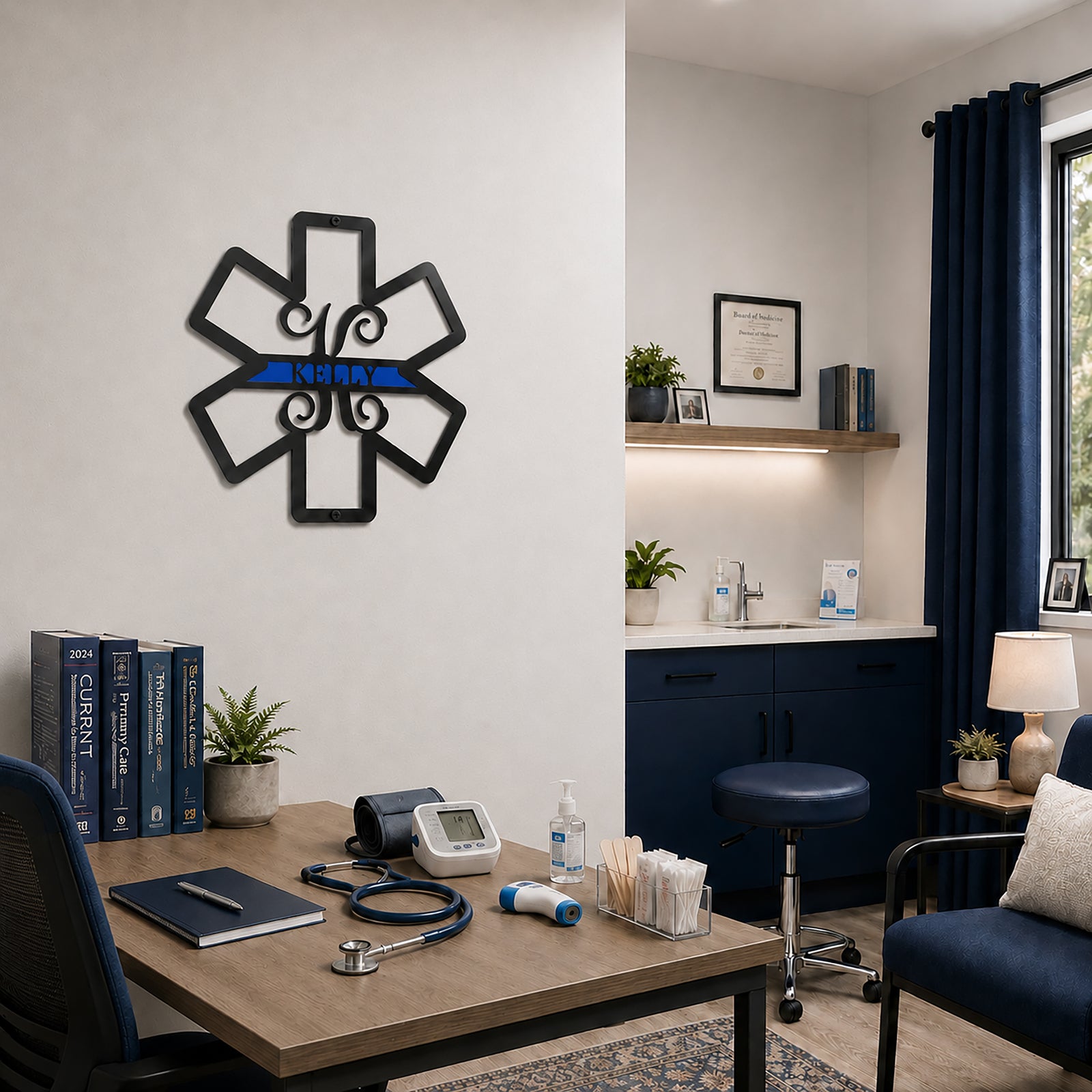 Custom EMS badge metal wall art displayed in medical office with desk and clinic supplies