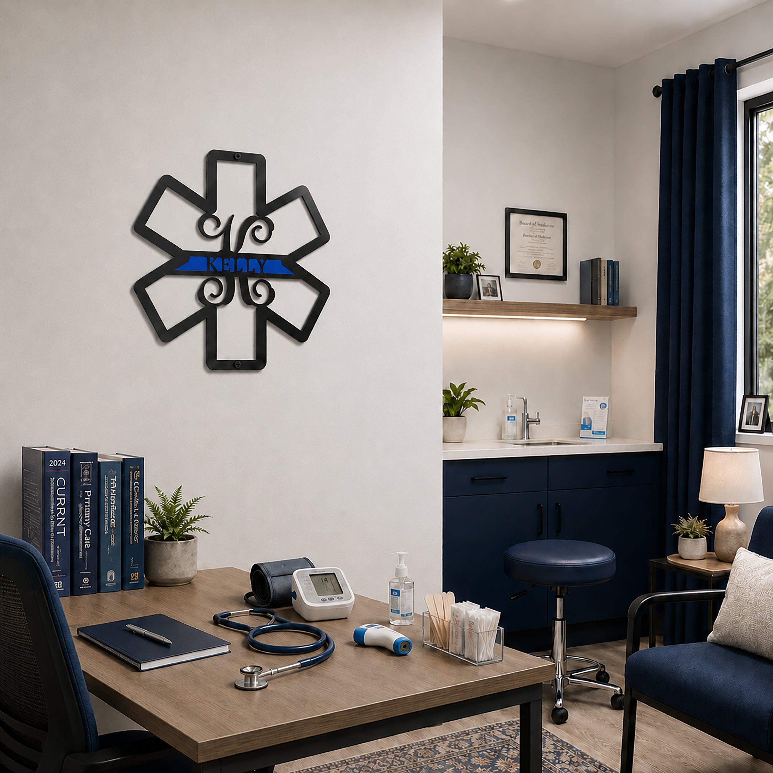 Custom EMS badge metal wall art displayed in medical office with desk and clinic supplies