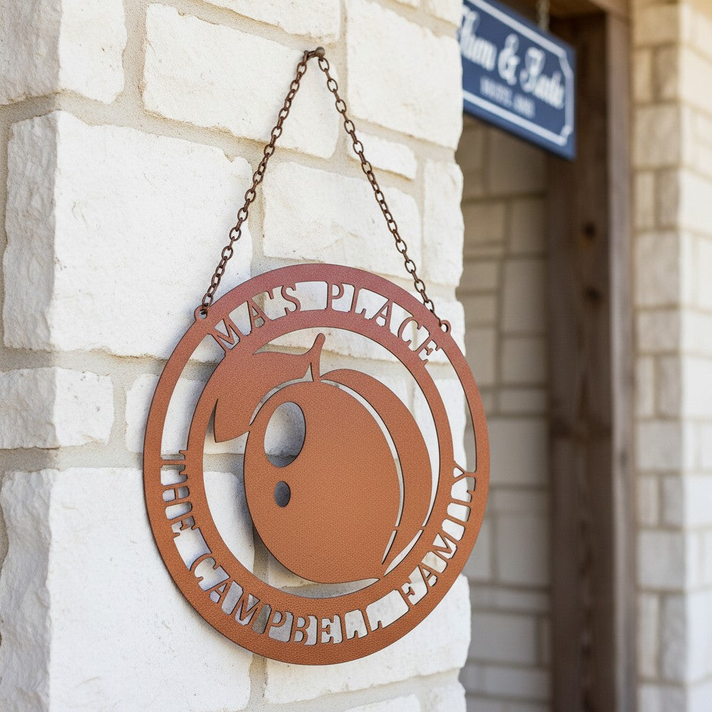Copper-colored round hanging metal sign personalized with "Ma's Place The Campbell Family" and a peach silhouette, suspended by a chain on a rustic white stone pillar.
