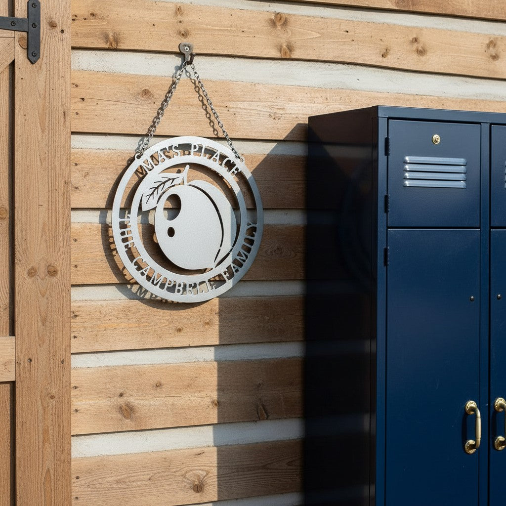Silver-colored custom hanging metal peach sign reading "Ma's Place", mounted on horizontal wood siding next to a dark blue industrial storage locker.