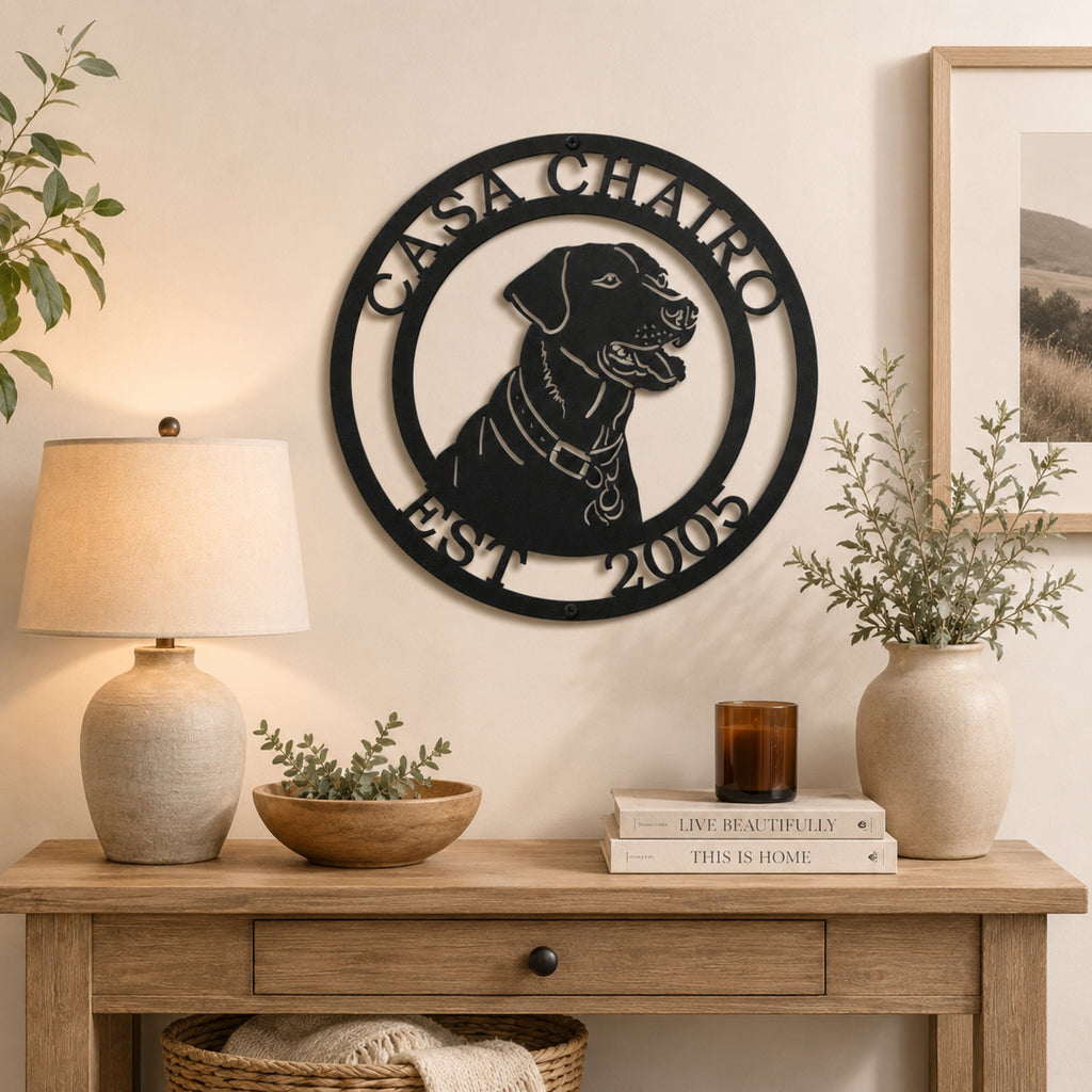 Black Labrador Retriever personalized metal wall décor displayed above wooden console table with modern farmhouse accents