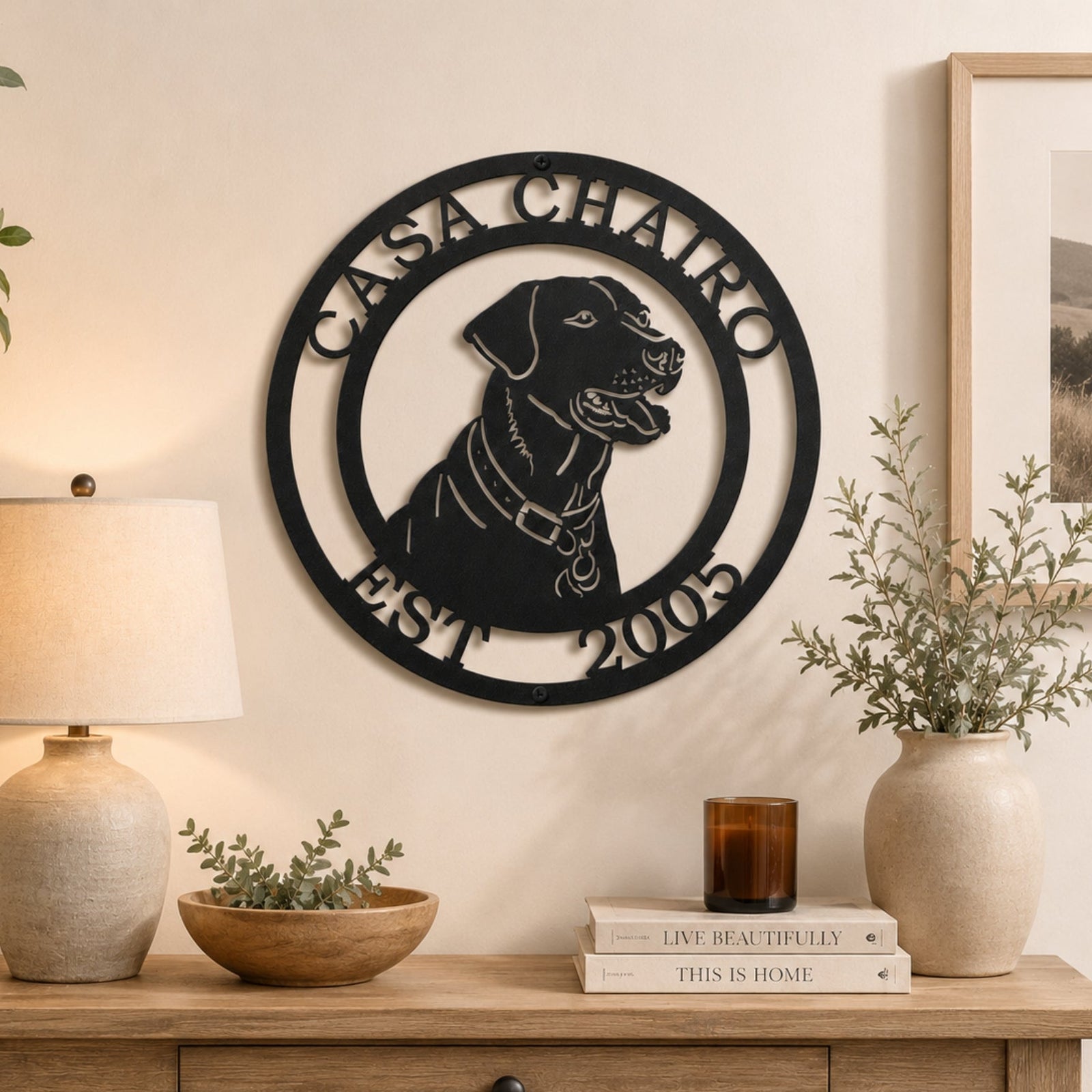 Black Labrador Retriever personalized metal wall décor displayed above wooden console table with modern farmhouse accents