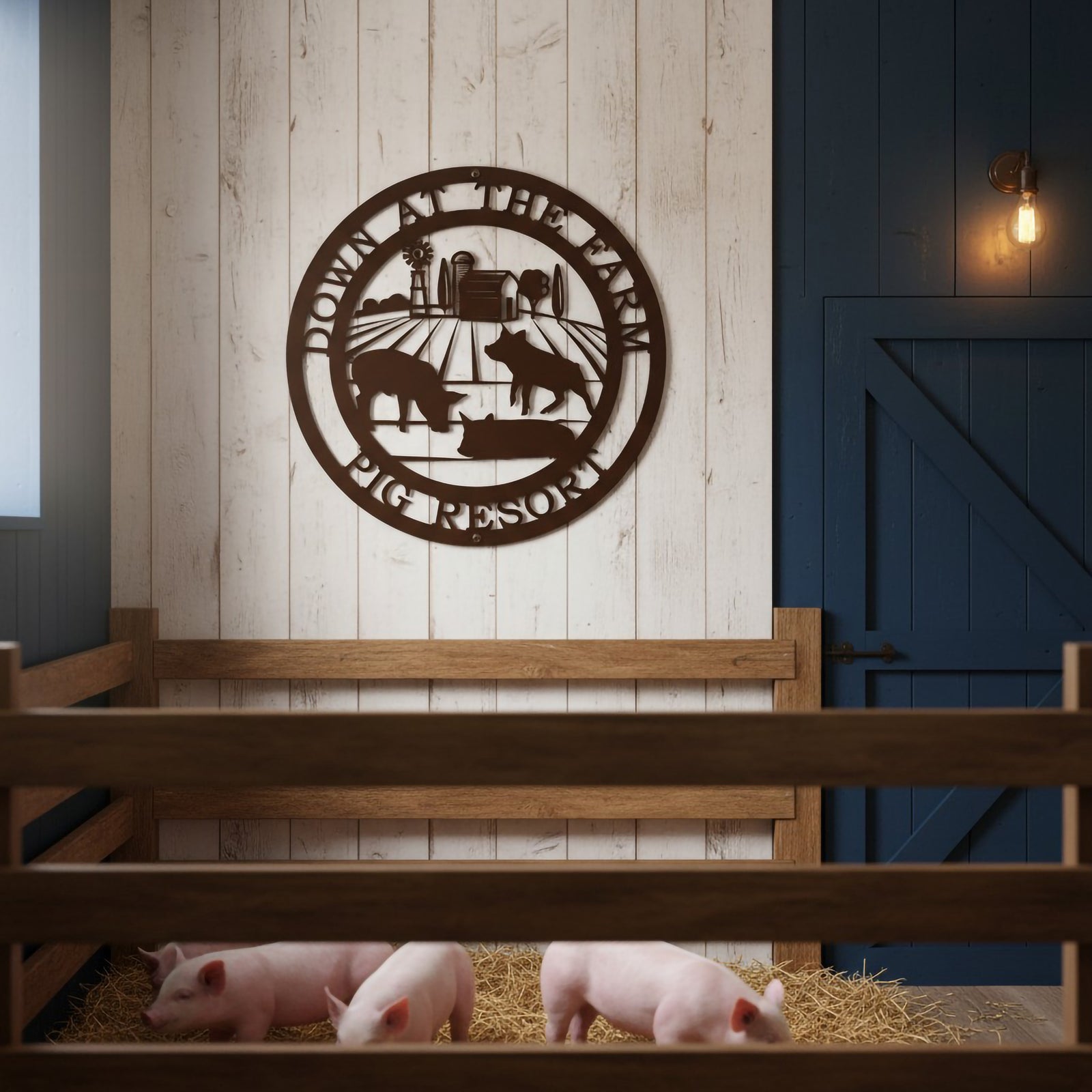 Custom pig farm metal sign with livestock and barn design displayed inside a rustic pig pen