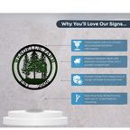 Personalized pine tree metal sign infographic showing customizable text weather resistant finish durable steel and easy mounting