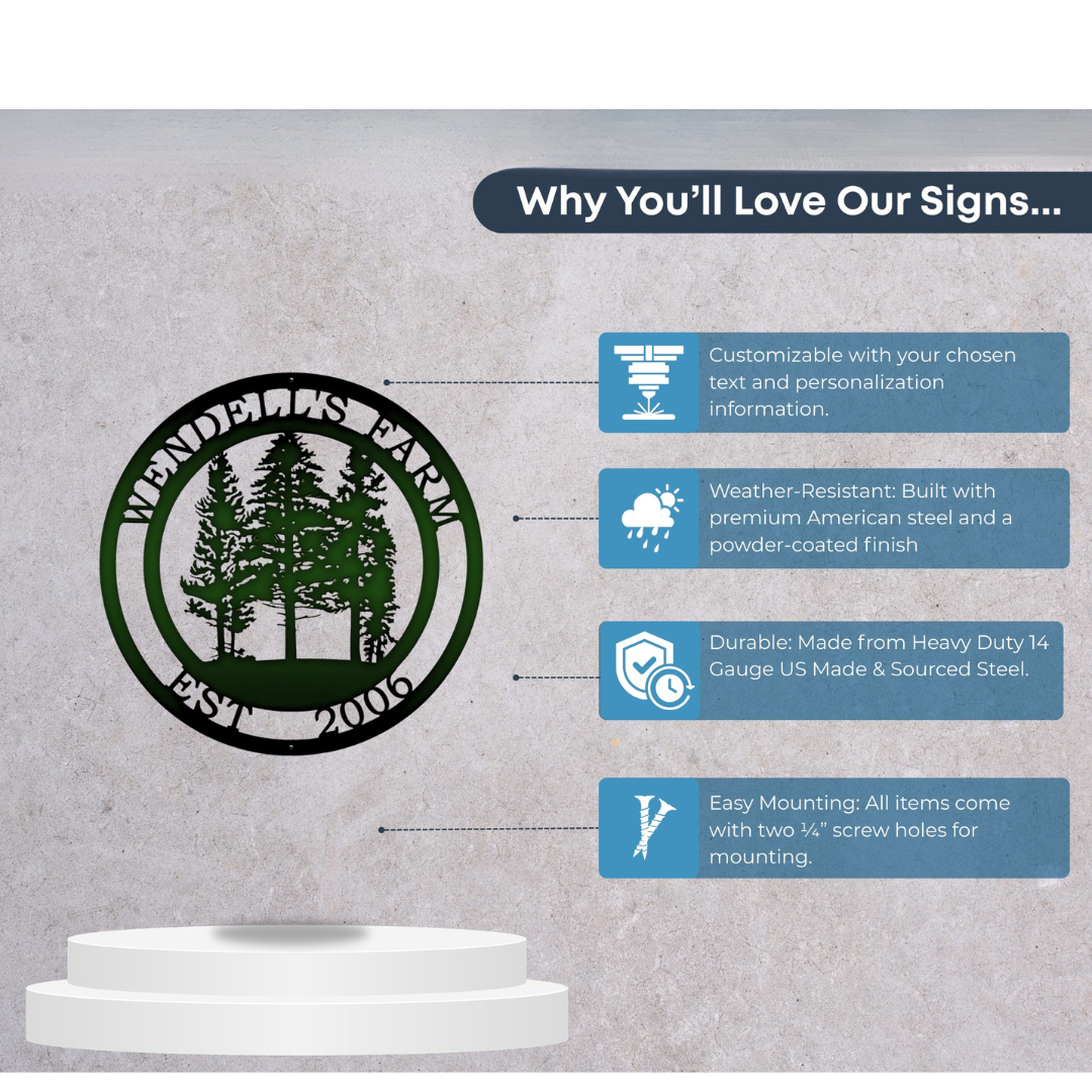 Personalized pine tree metal sign infographic showing customizable text weather resistant finish durable steel and easy mounting