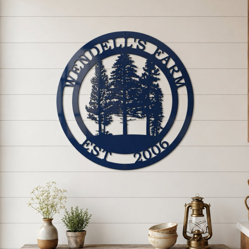 Round navy blue ranch metal wall décor with custom ranch name and EST 2021 displayed above wooden floating shelf in farmhouse kitchen