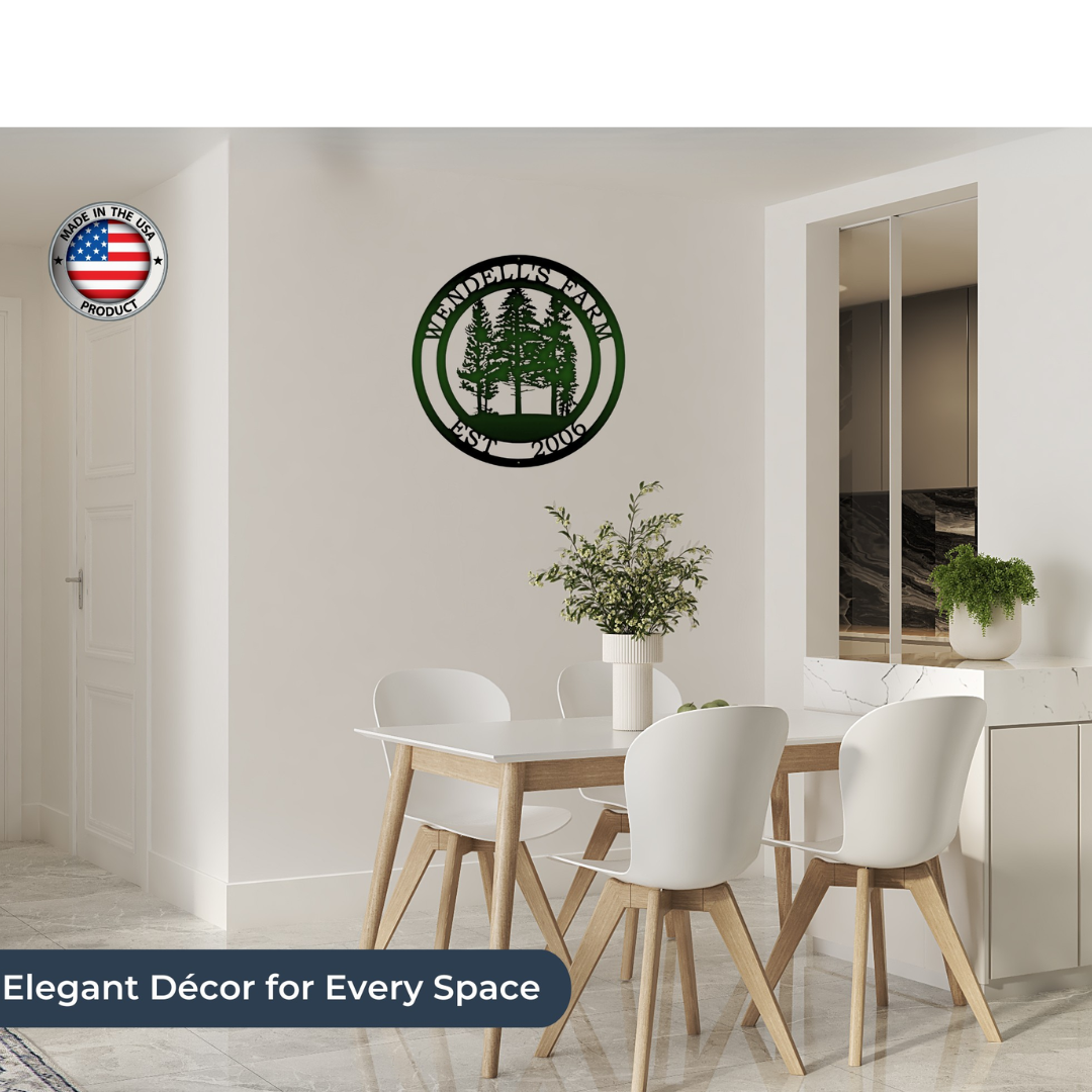 Personalized pine tree metal wall art displayed in a bright dining room as elegant decor for every space