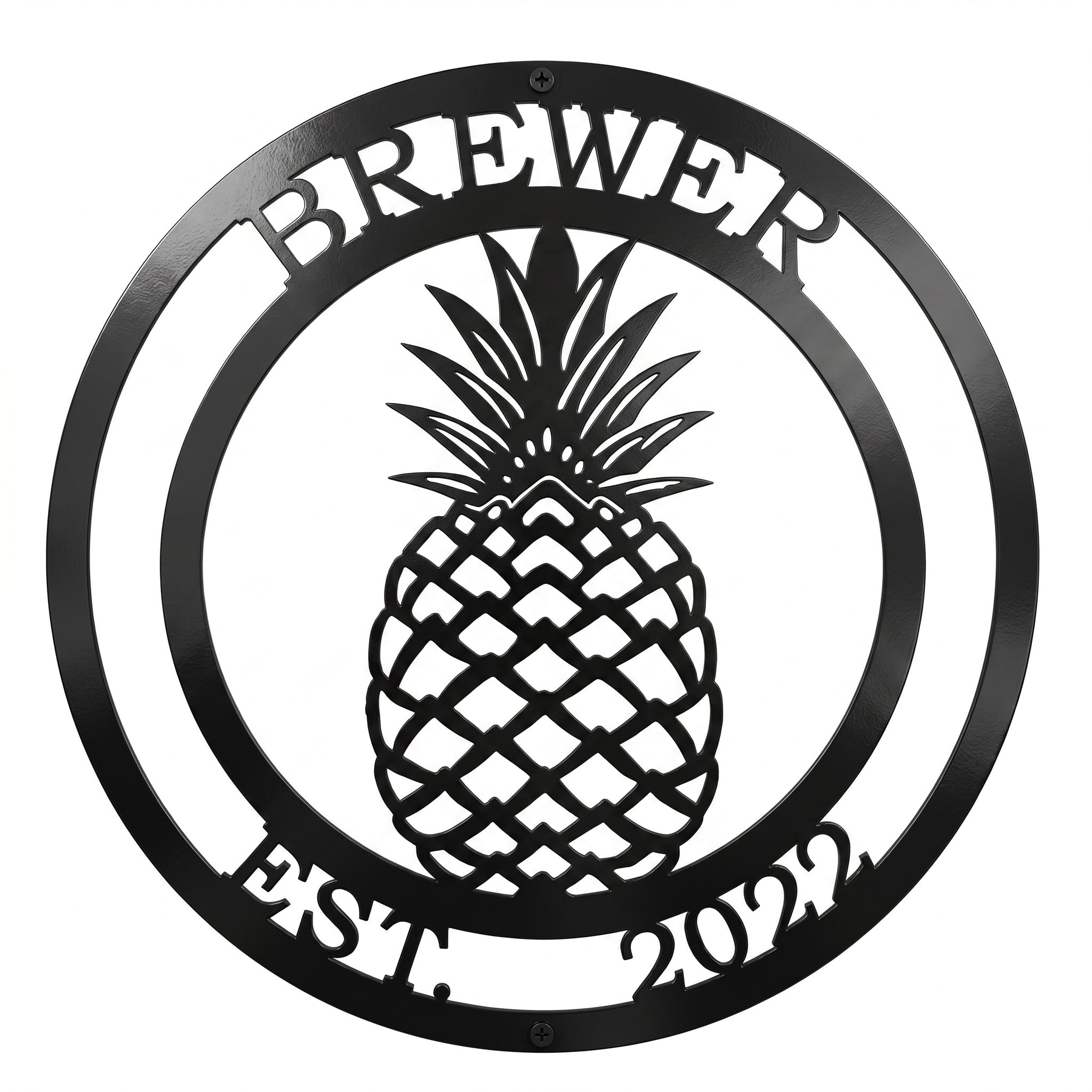 Black personalized pineapple metal wall sign with Brewer family name and established 2022 text on white background
