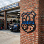 Custom thin blue line police badge metal sign with PPD 6183 displayed on brick wall outside police fleet operations building with patrol vehicle in background