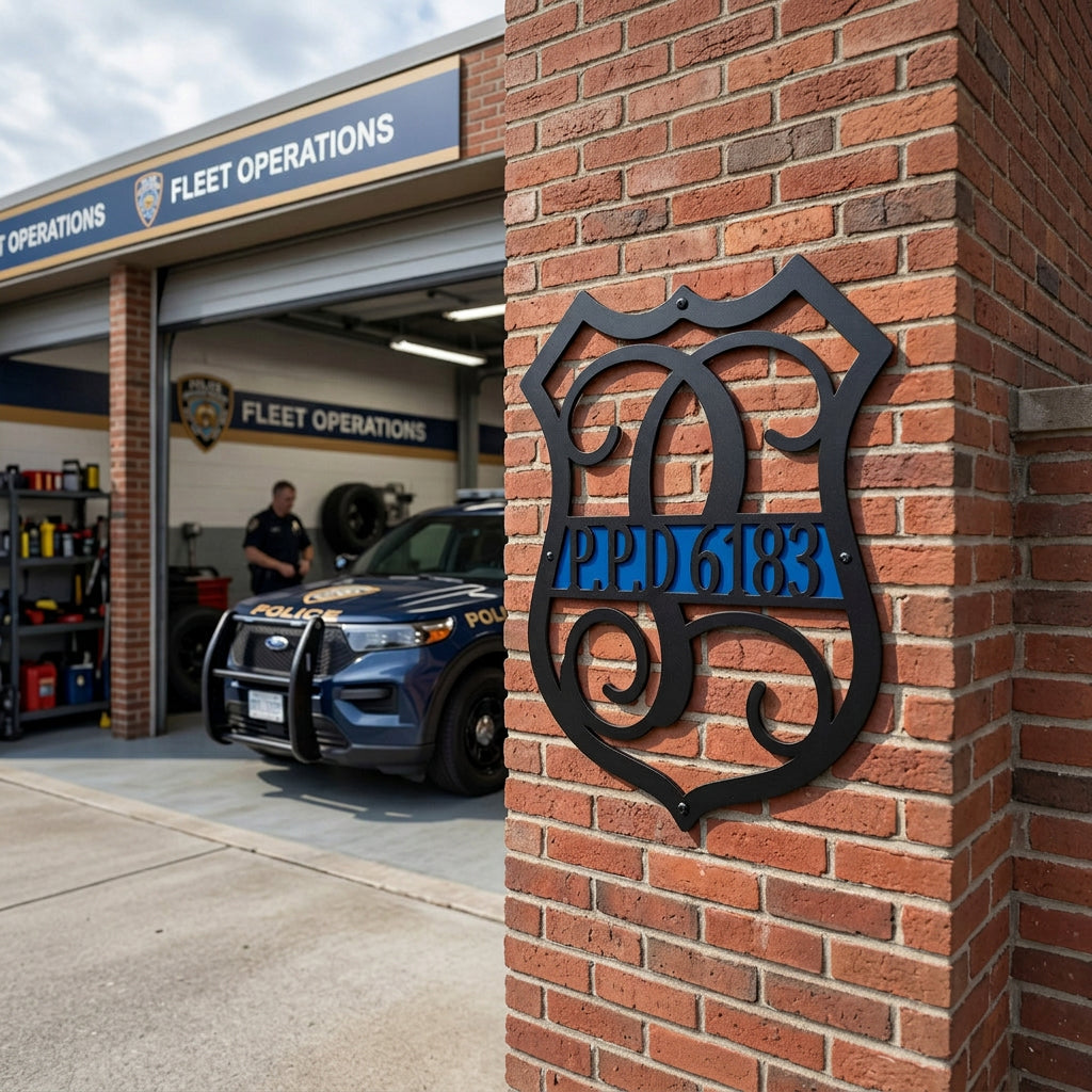 Custom thin blue line police badge metal sign with PPD 6183 displayed on brick wall outside police fleet operations building with patrol vehicle in background