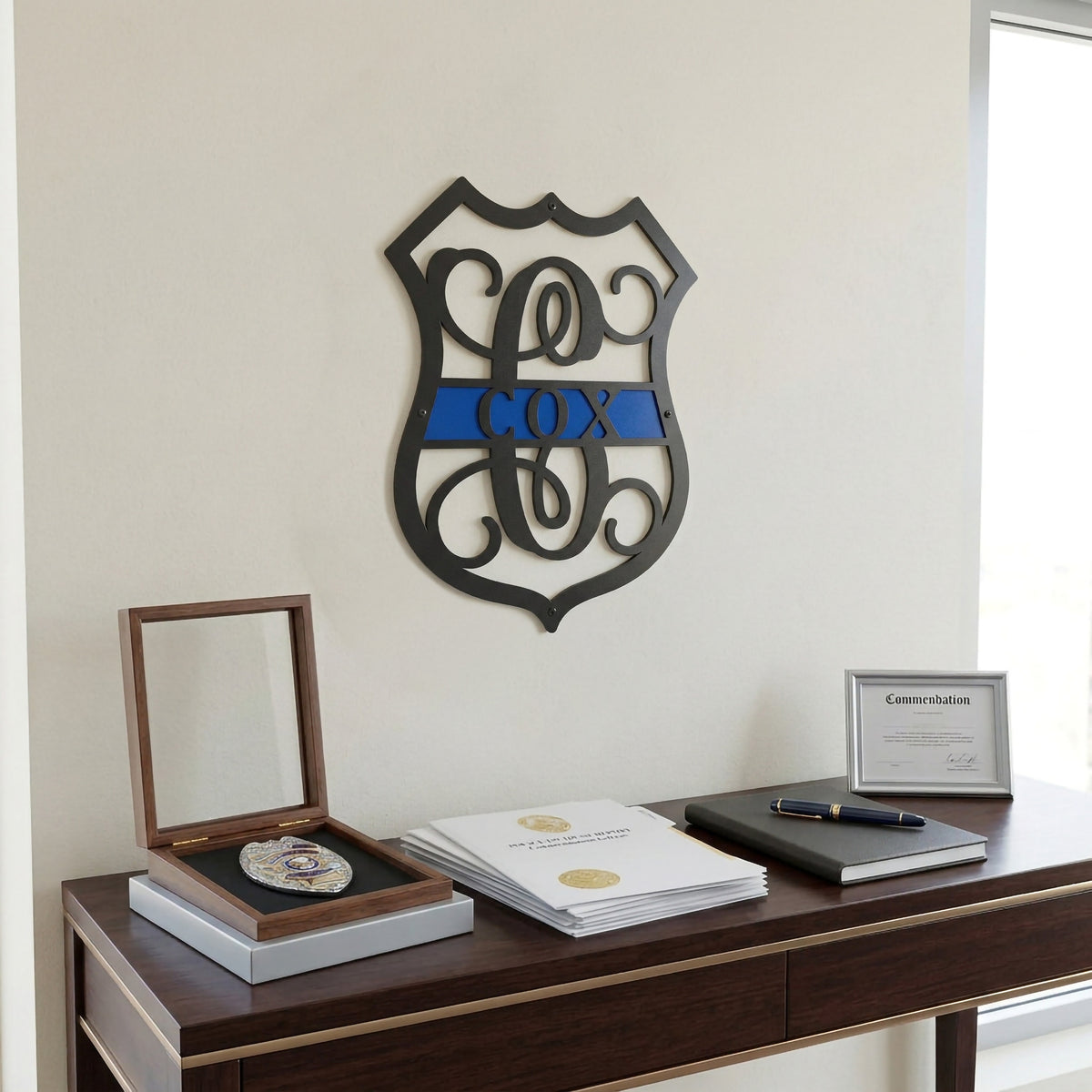 Custom thin blue line police badge metal sign with Cox name displayed above office desk with law enforcement memorabilia