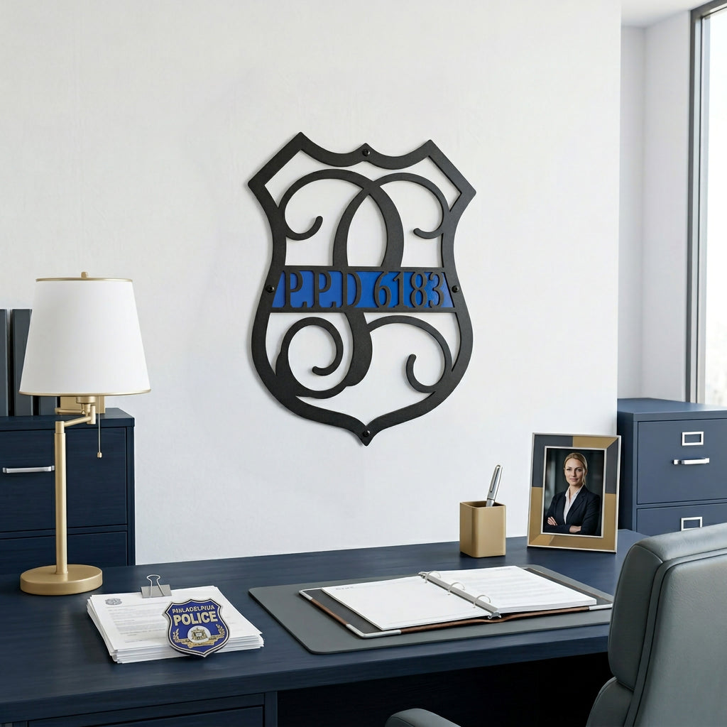 Custom police inspired metal monogram wall sign with blue stripe and badge number displayed in modern executive office
