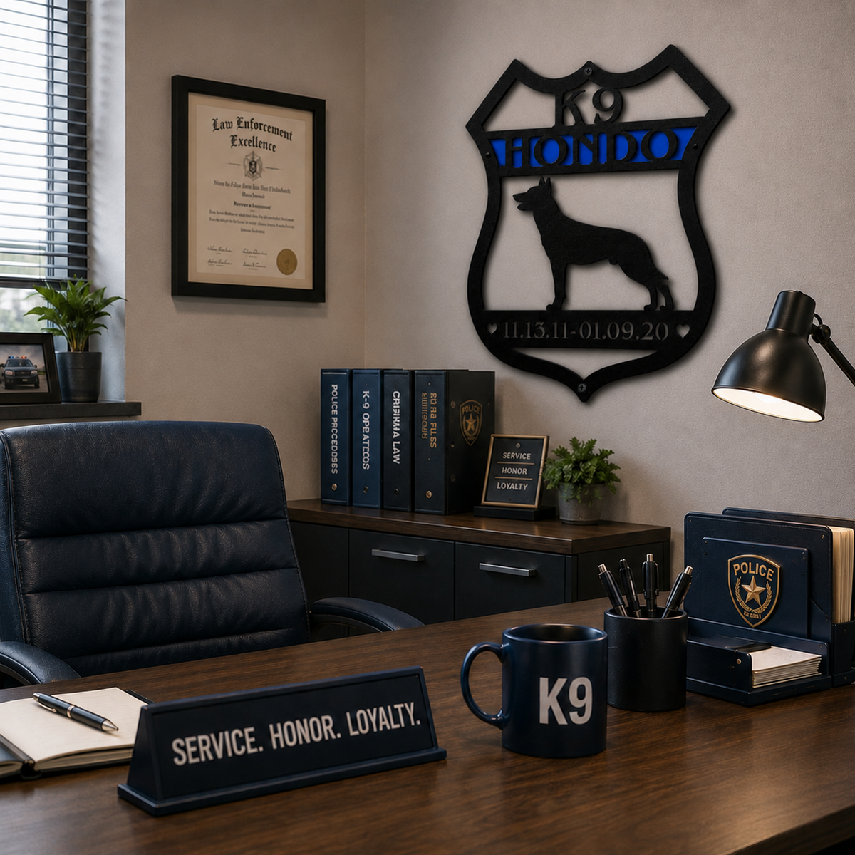 Custom K9 Hondo badge metal sign displayed in law enforcement office with service honor loyalty desk decor
