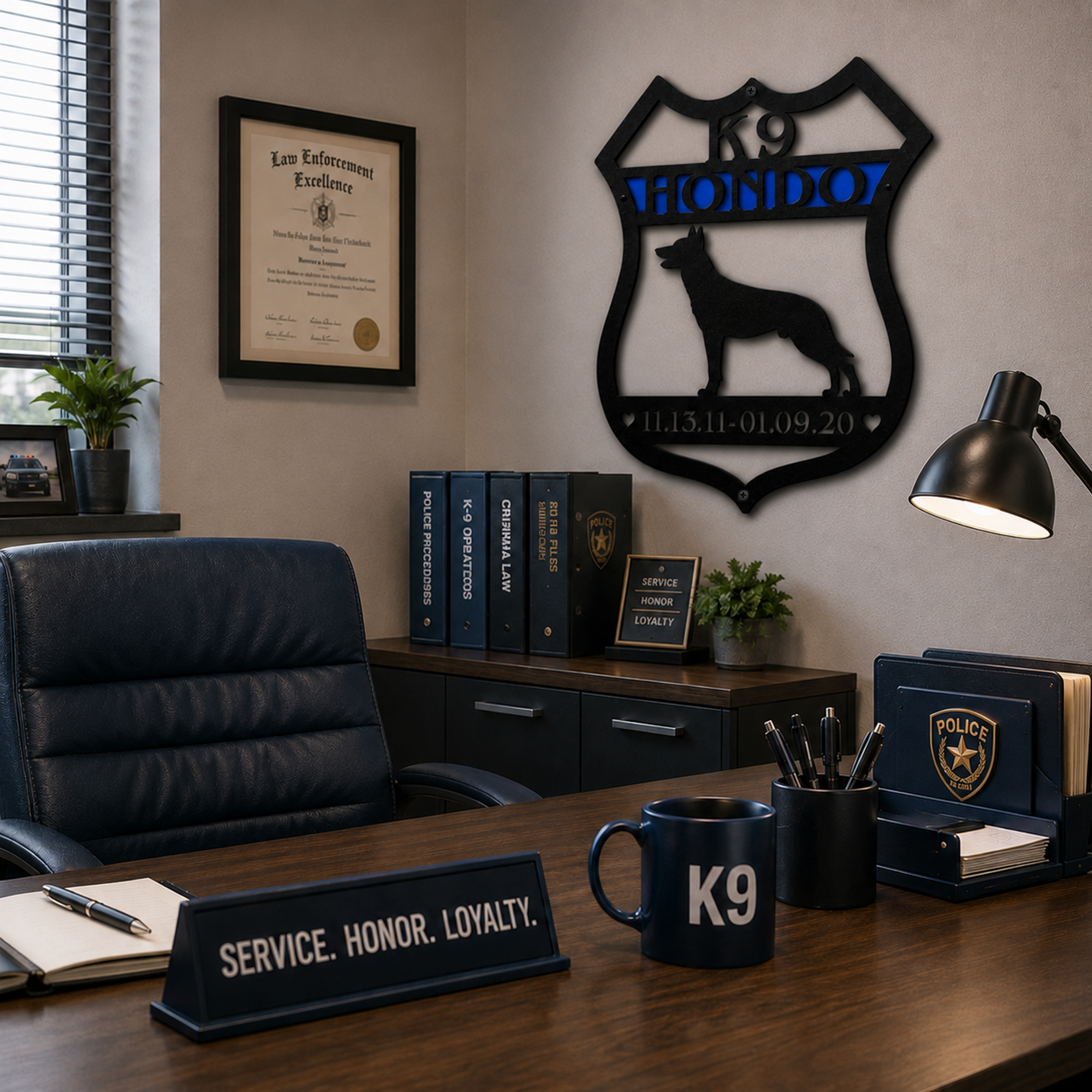 Custom K9 Hondo badge metal sign displayed in law enforcement office with service honor loyalty desk decor