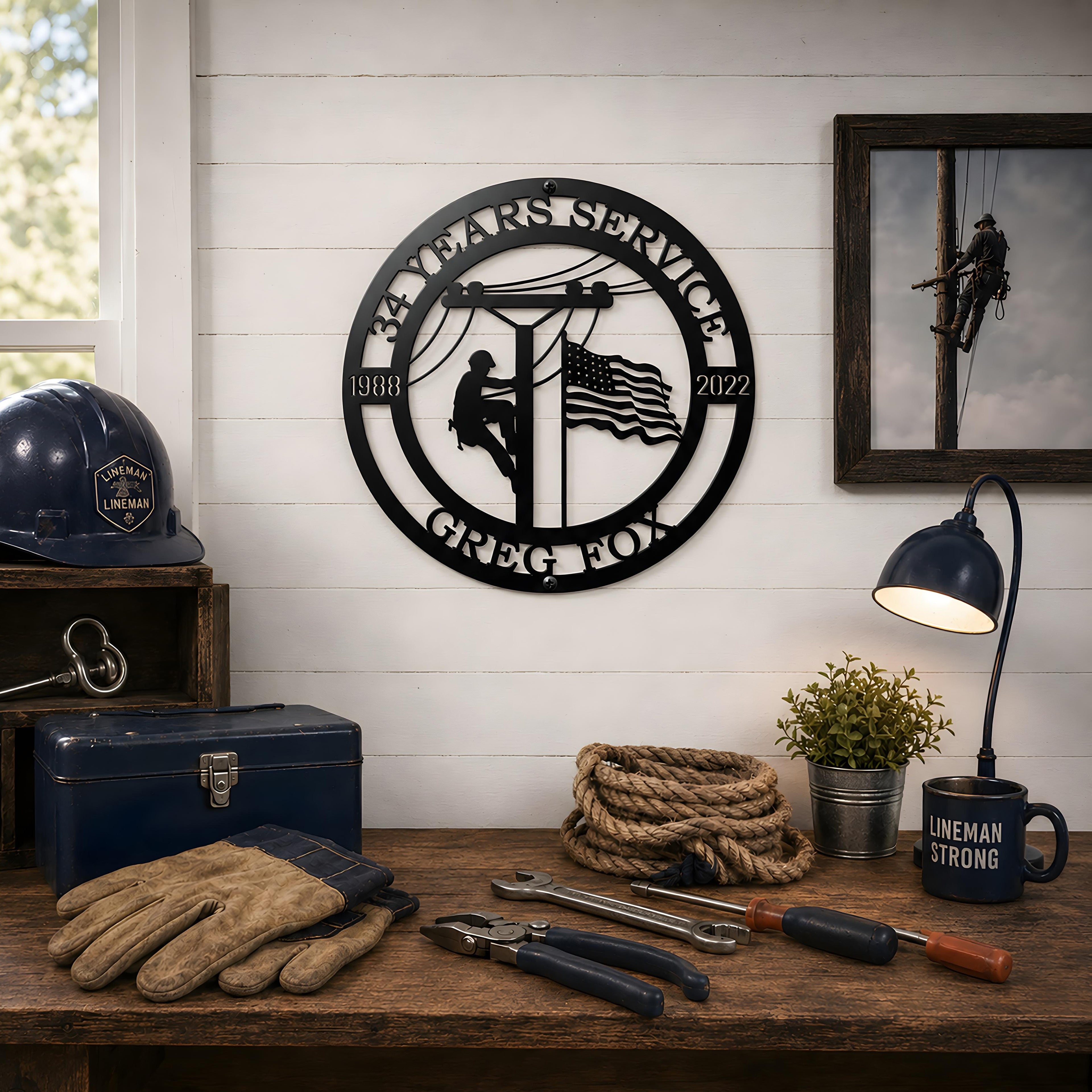 Black custom lineman years of service metal sign displayed in workshop with helmet gloves rope and tools