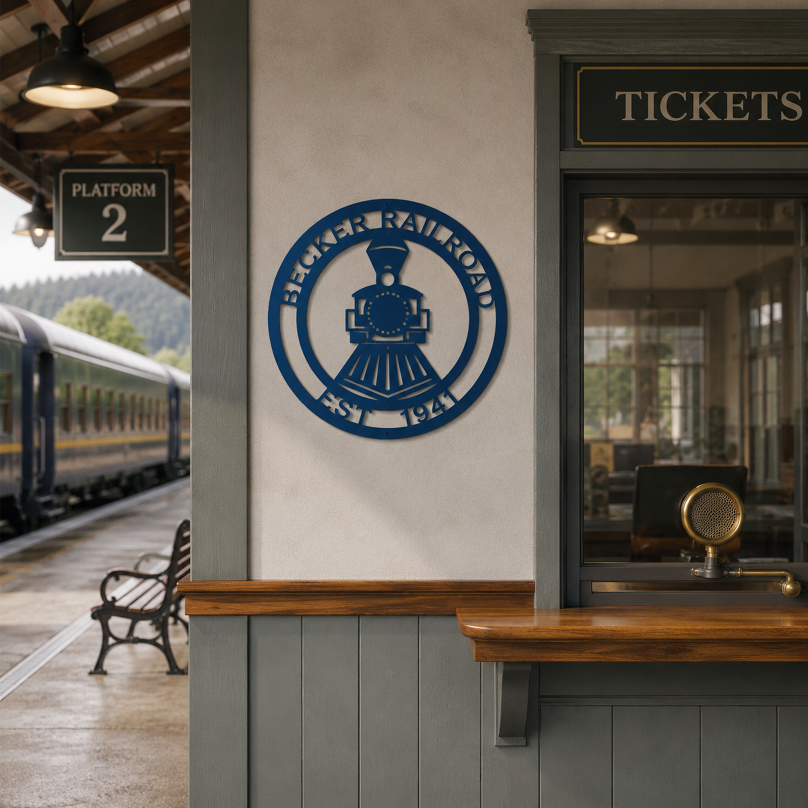 Blue Becker Railroad metal wall sign with train locomotive design displayed beside vintage train station ticket booth