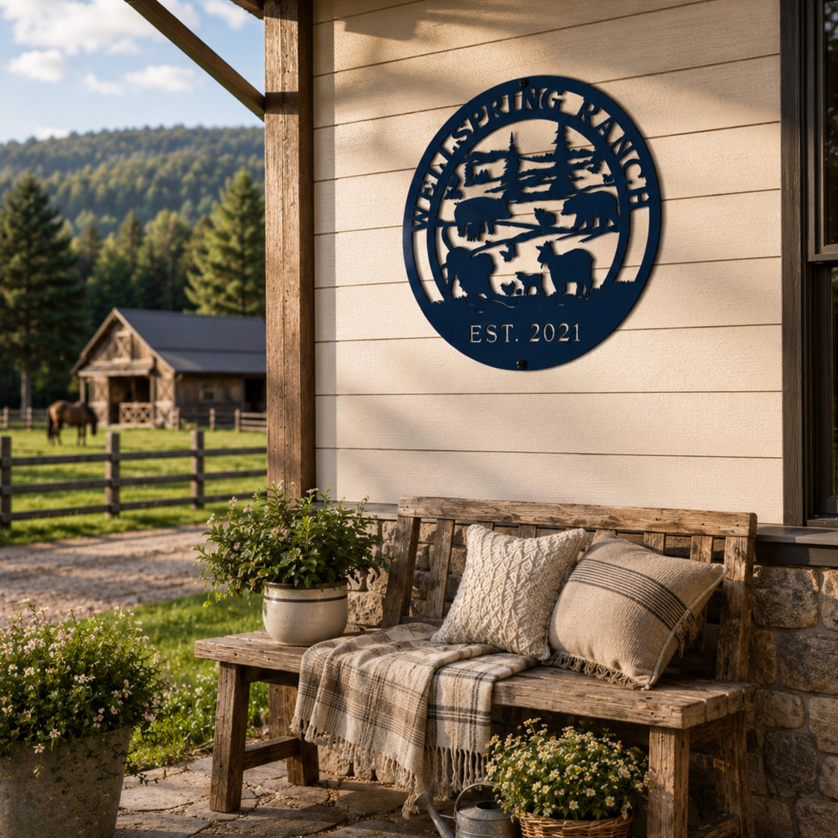 Custom navy blue ranch metal sign with farm animals and EST 2021 displayed on rustic farmhouse porch wall