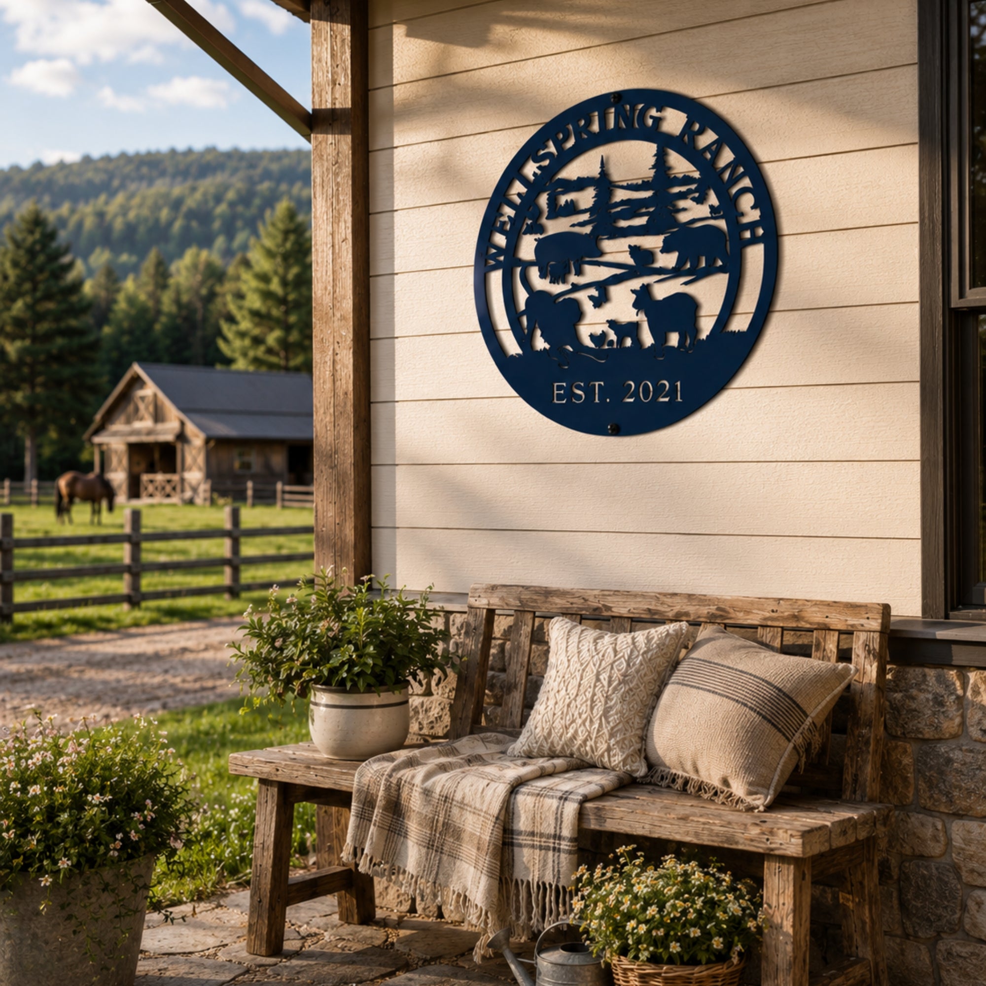 Custom navy blue ranch metal sign with farm animals and EST 2021 displayed on rustic farmhouse porch wall
