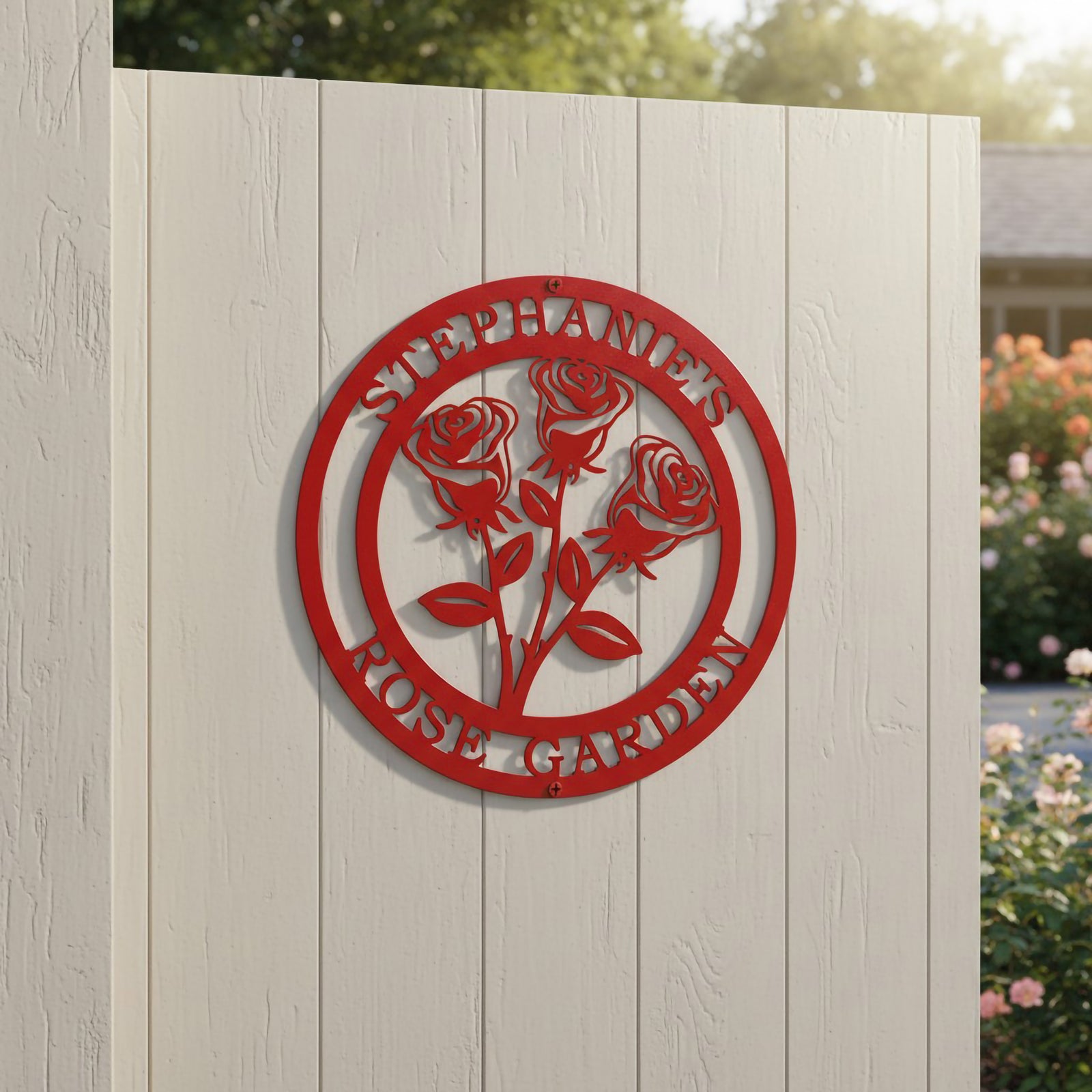 Glossy candy apple red customized round metal sign featuring a bouquet of three roses with text Stephanie's Rose Garden, mounted flat against a light gray wooden privacy fence.
