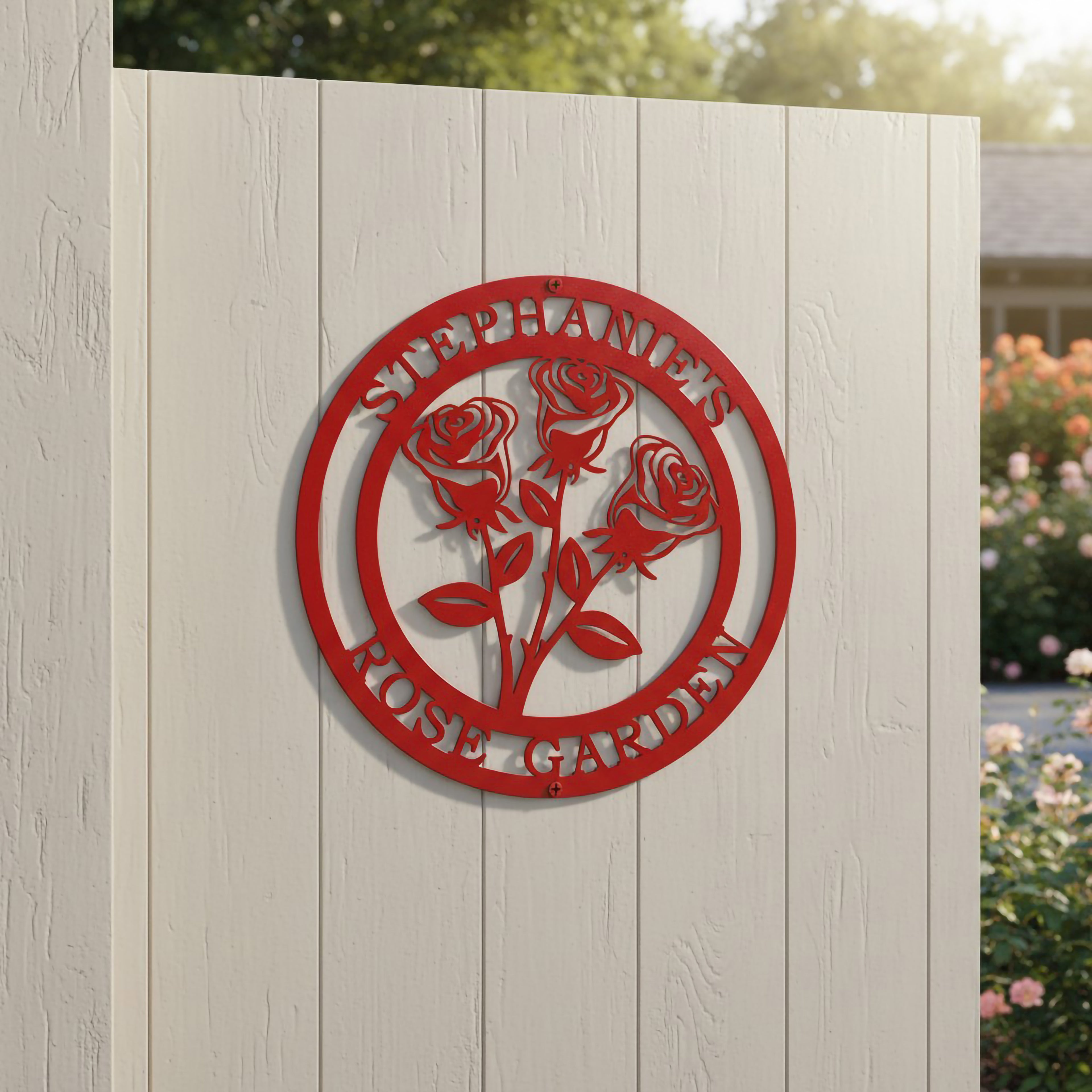 Glossy candy apple red customized round metal sign featuring a bouquet of three roses with text Stephanie's Rose Garden, mounted flat against a light gray wooden privacy fence.