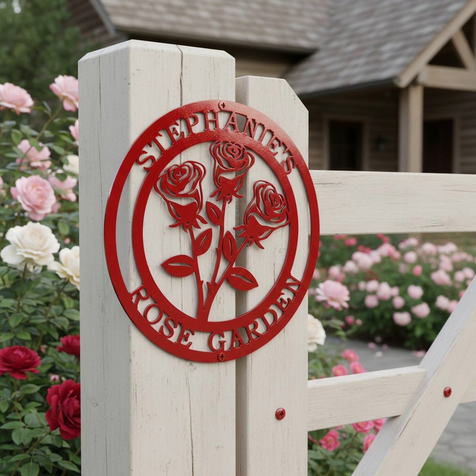 Deep candy apple red finish of the custom circular metal rose sign mounted directly on a white wooden gate post at the entrance of a garden path with a rustic log home behind it.