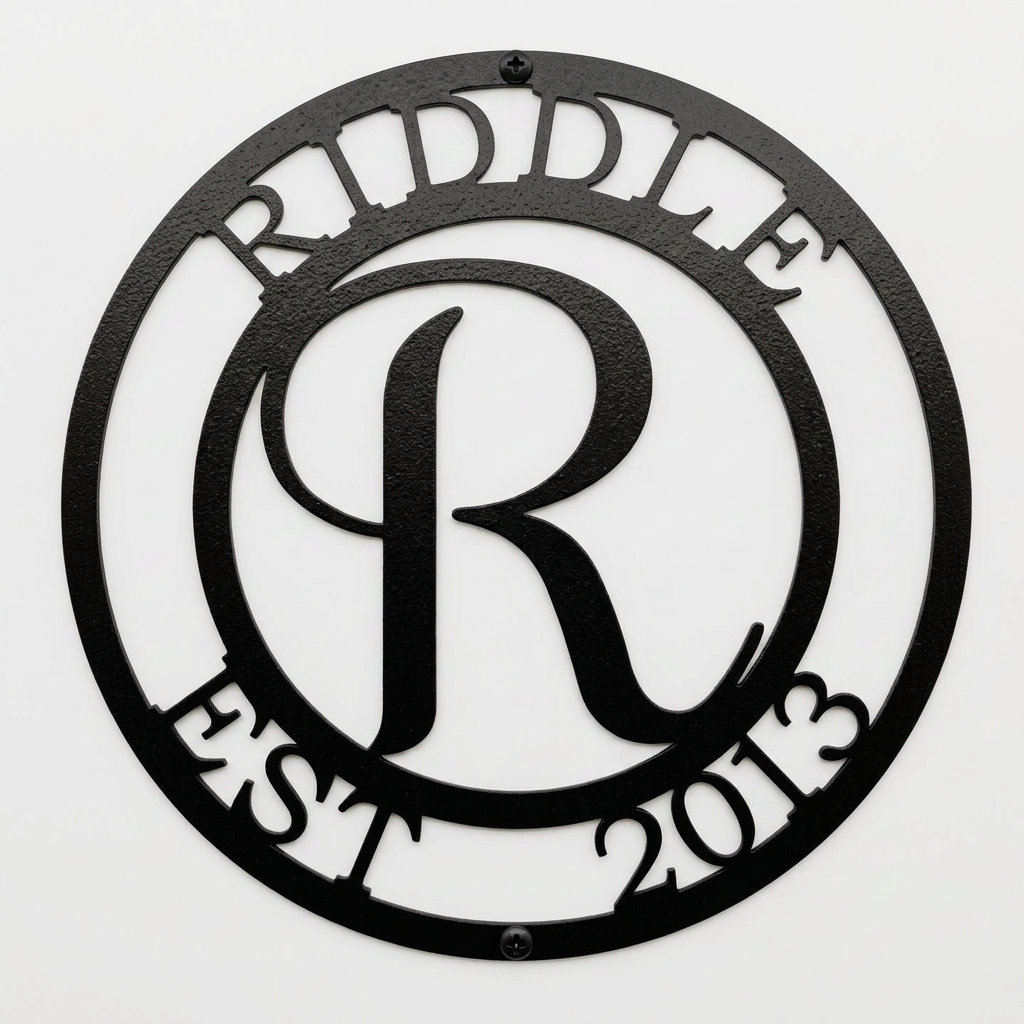 Flat view of a textured black circular personalized metal sign featuring a large script letter R monogram, cut out with the family name Riddle and established date 2013 over a pure white background.