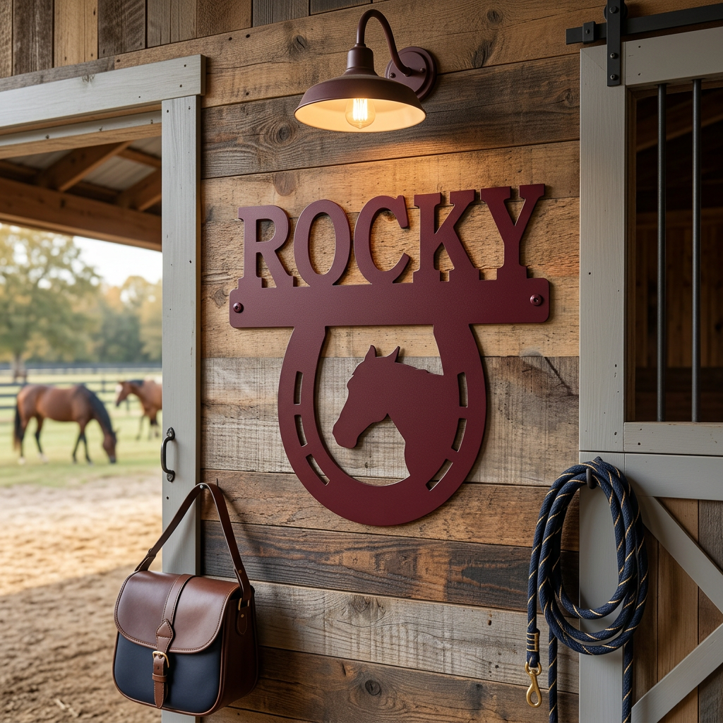 Garnet Rocky horse horseshoe metal sign with horse head design mounted on barn wood wall near saddle bag and rope décor