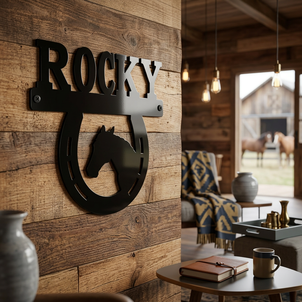 Gloss black Rocky horse horseshoe metal sign with horse silhouette mounted on rustic wood wall inside a cozy ranch style room