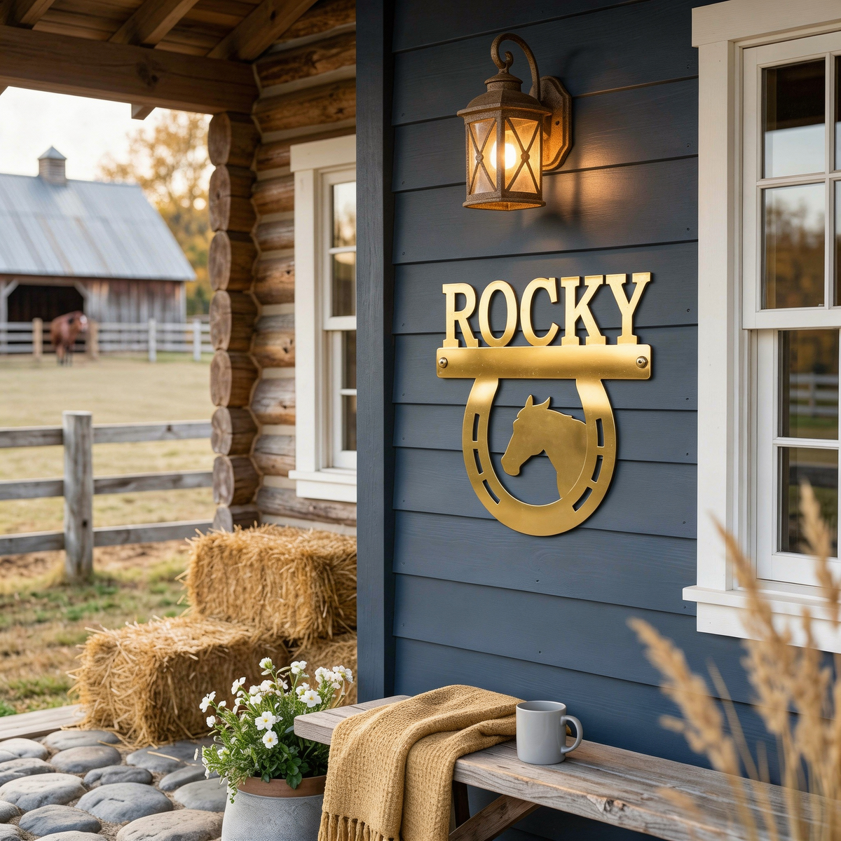 Metallic gold Rocky horse horseshoe sign with horse head design mounted on blue farmhouse siding under outdoor lantern