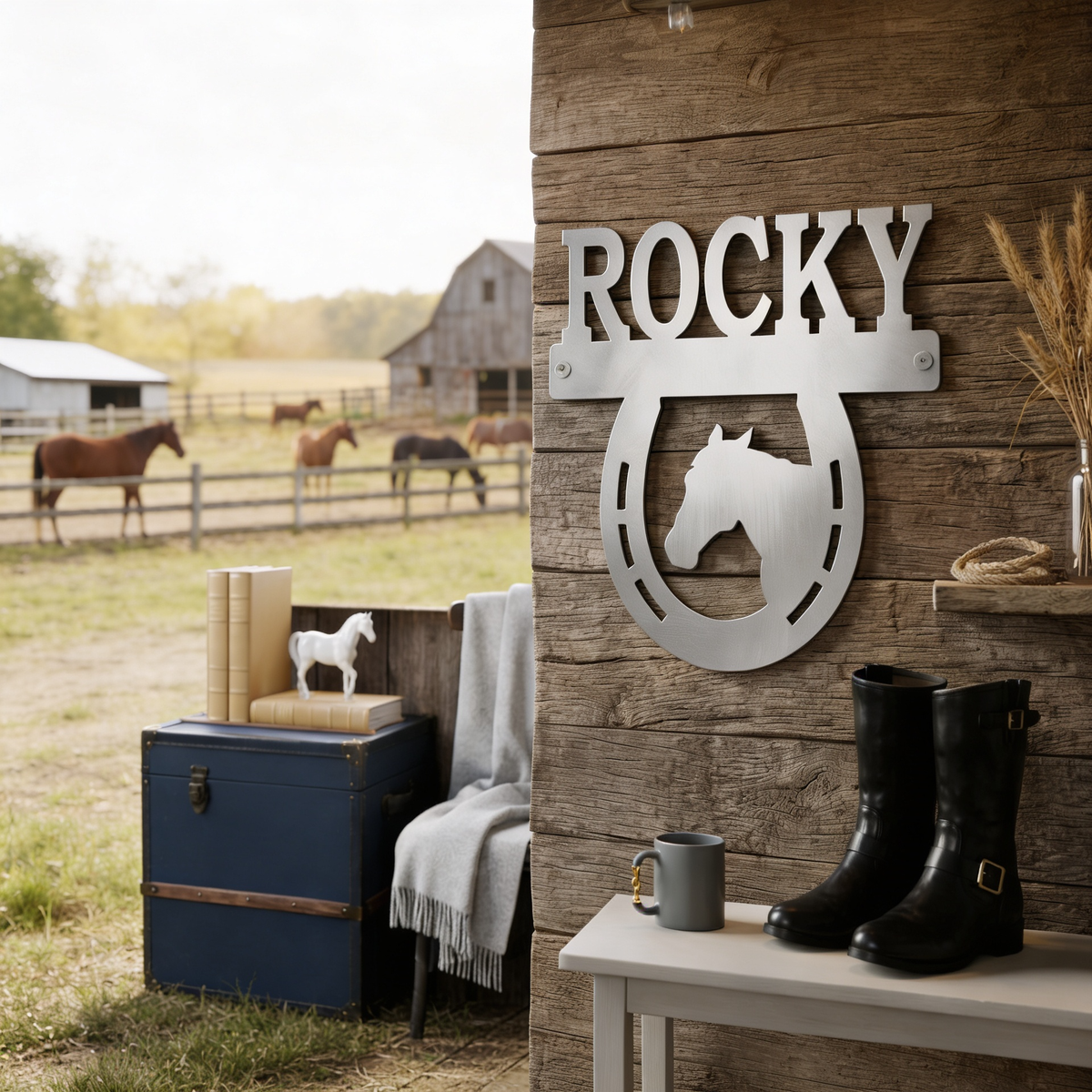 Raw metal Rocky horse horseshoe sign with horse head silhouette mounted on rustic wood wall near a farm pasture