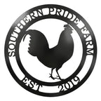 Black personalized rooster farm metal wall sign with custom farm name and established date on white background