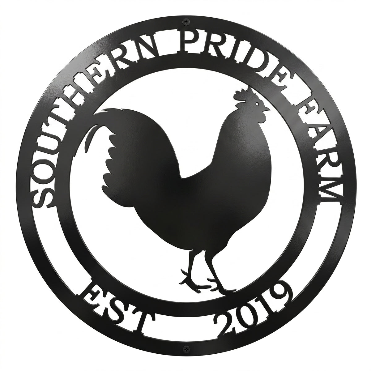 Black personalized rooster farm metal wall sign with custom farm name and established date on white background