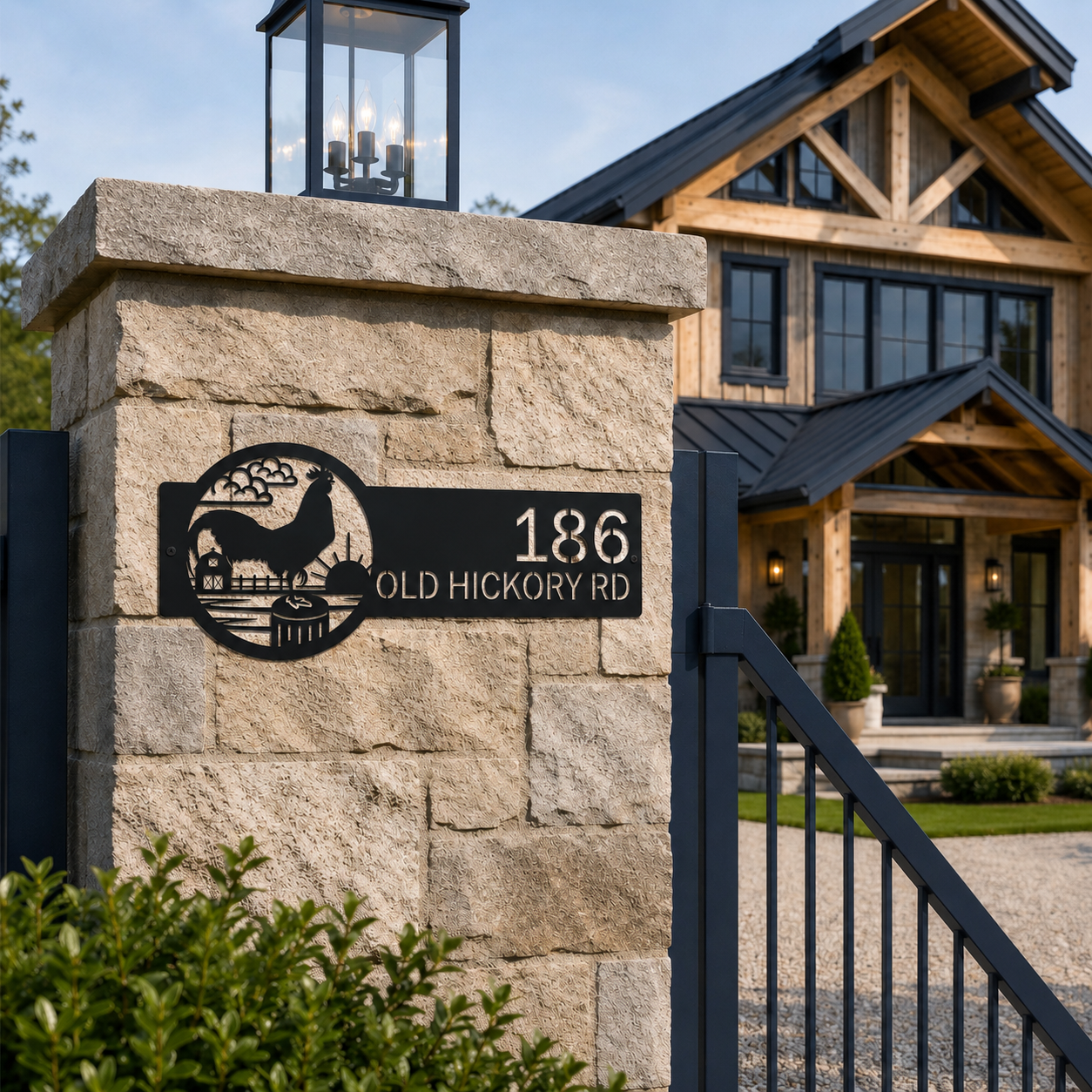 Black custom rooster farmhouse address sign mounted on stone entry pillar featuring rooster barn sunrise design with personalized house number and street name