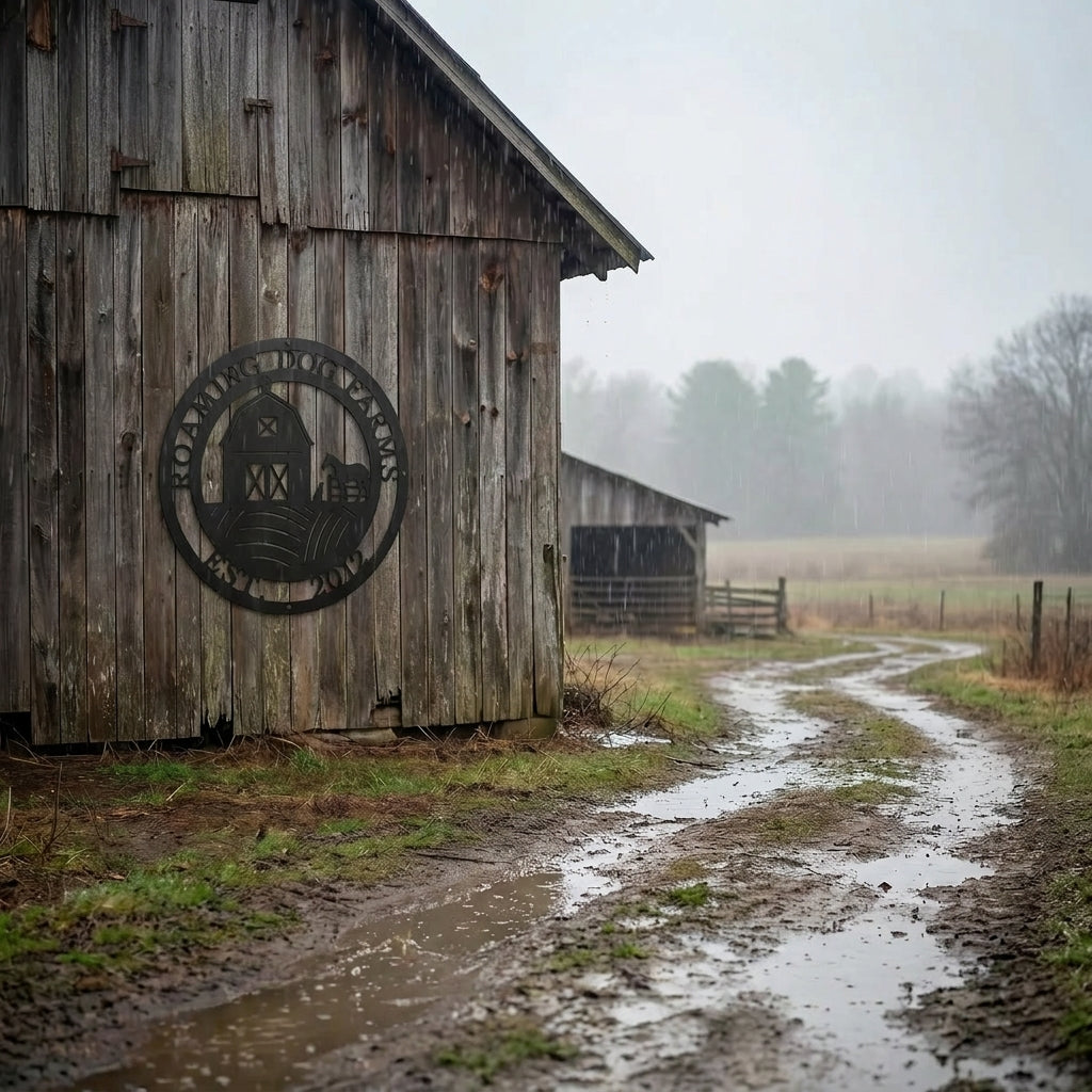 Custom farmhouse metal wall sign displayed on wooden barn exterior durable steel signage for outdoor use