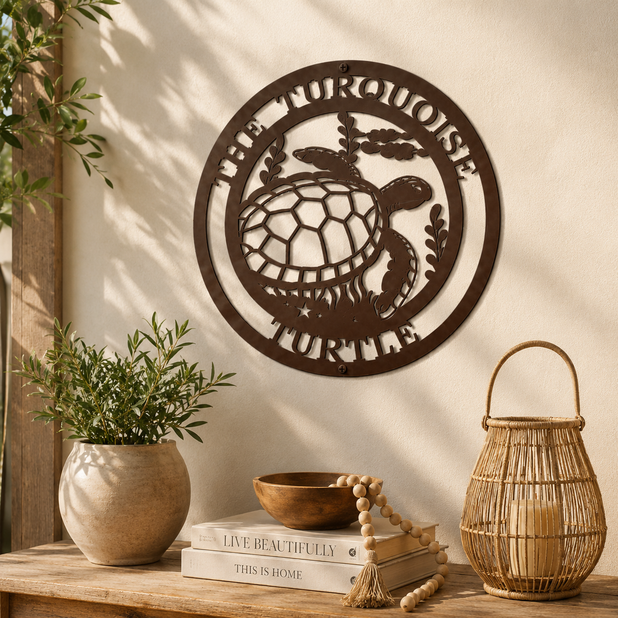 Rustic brown sea turtle metal wall art sign displayed above wooden table with coastal farmhouse decor