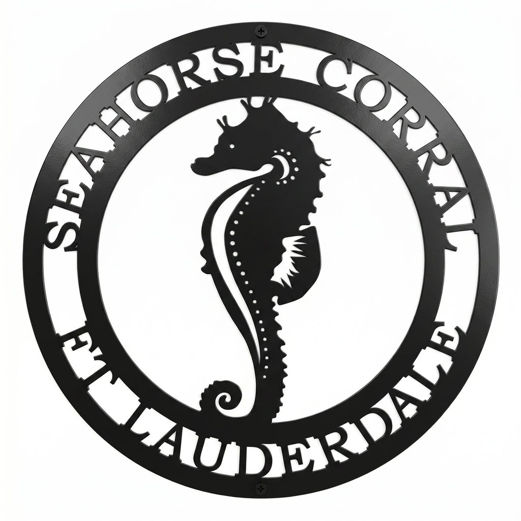 Black personalized seahorse metal wall sign with Seahorse Coral Ft Lauderdale text custom coastal beach house decor