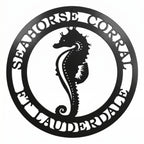 Black personalized seahorse metal wall sign with Seahorse Coral Ft Lauderdale text custom coastal beach house decor
