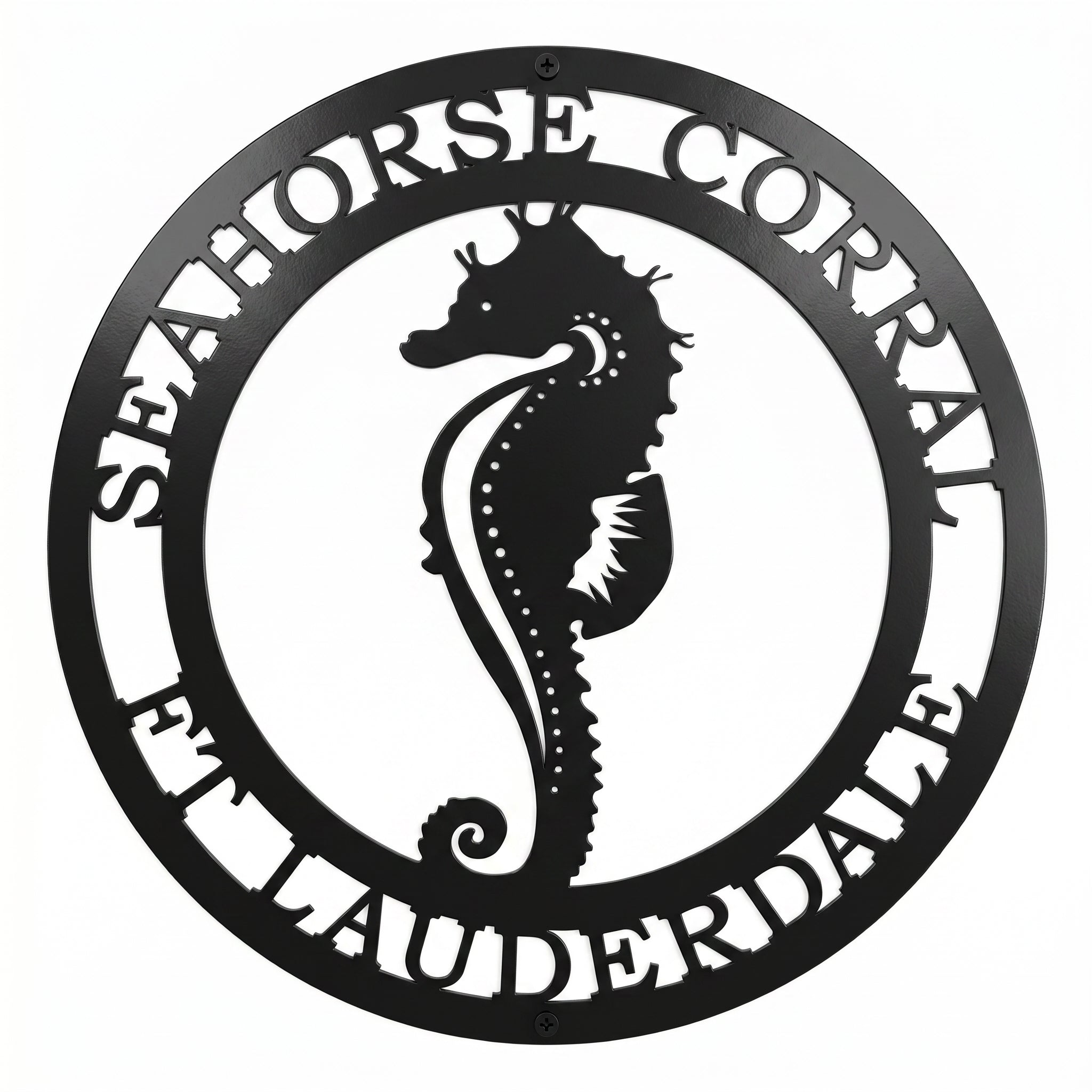 Black personalized seahorse metal wall sign with Seahorse Coral Ft Lauderdale text custom coastal beach house decor