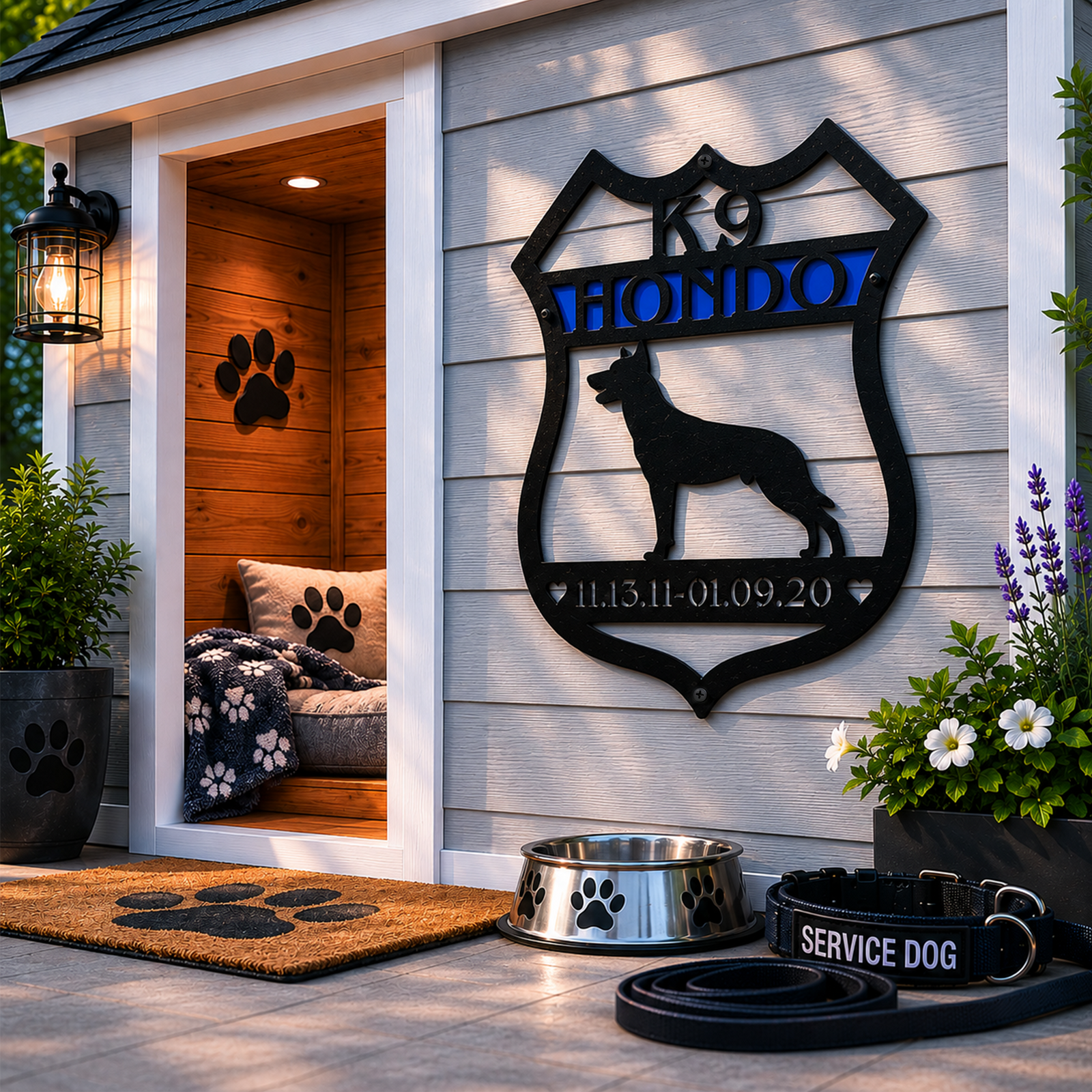 Custom black and blue K9 badge metal sign displayed outside dog house with service dog collar and bowl