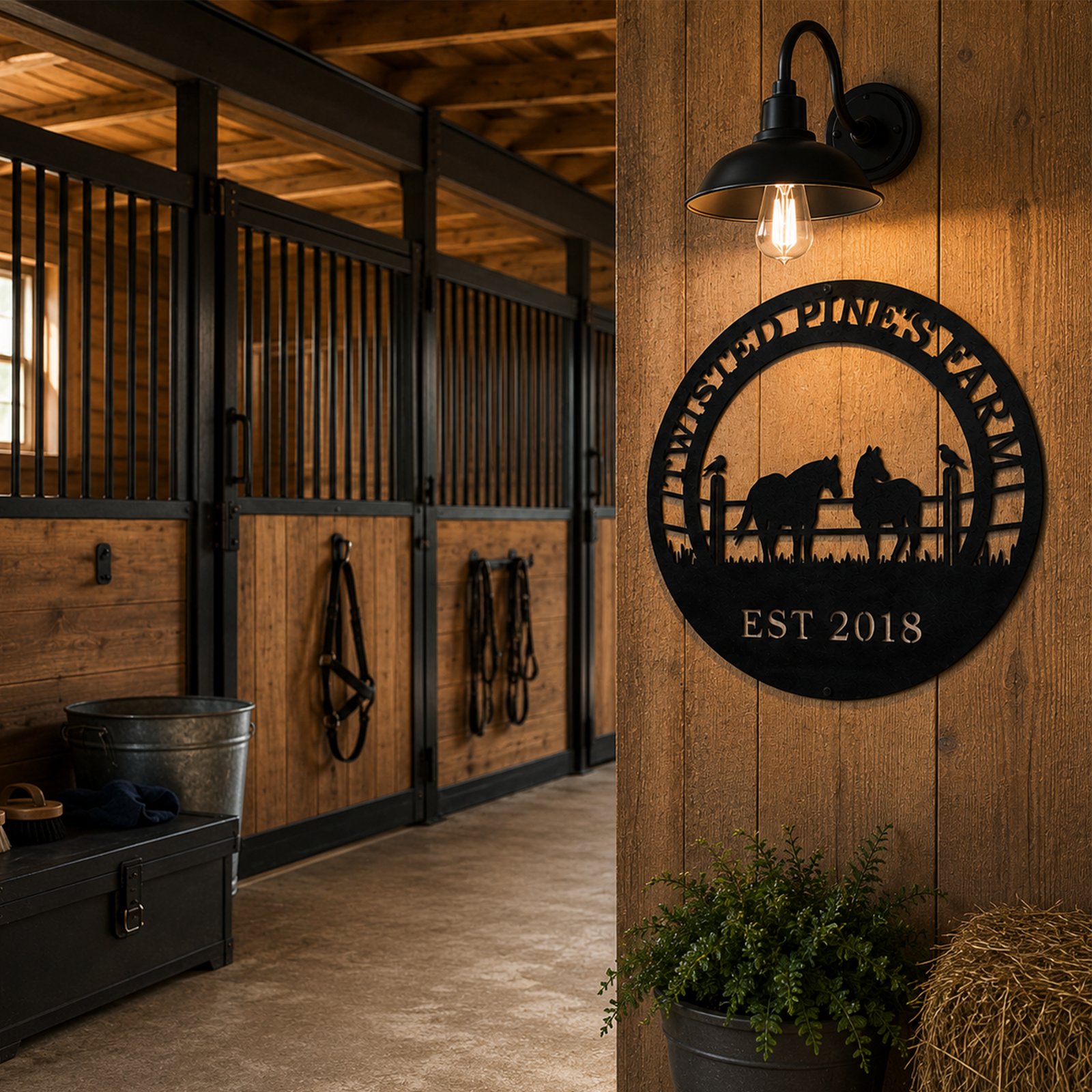 Black custom horse farm metal sign with raven and horse silhouettes displayed inside rustic stable wall