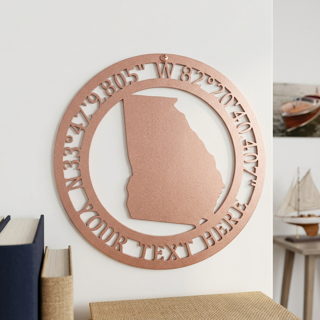 A soft rose gold or pink-tinted metallic circular sign featuring a Georgia cutout with placeholder text "Your Text Here," resting on a white wall above a wooden surface.